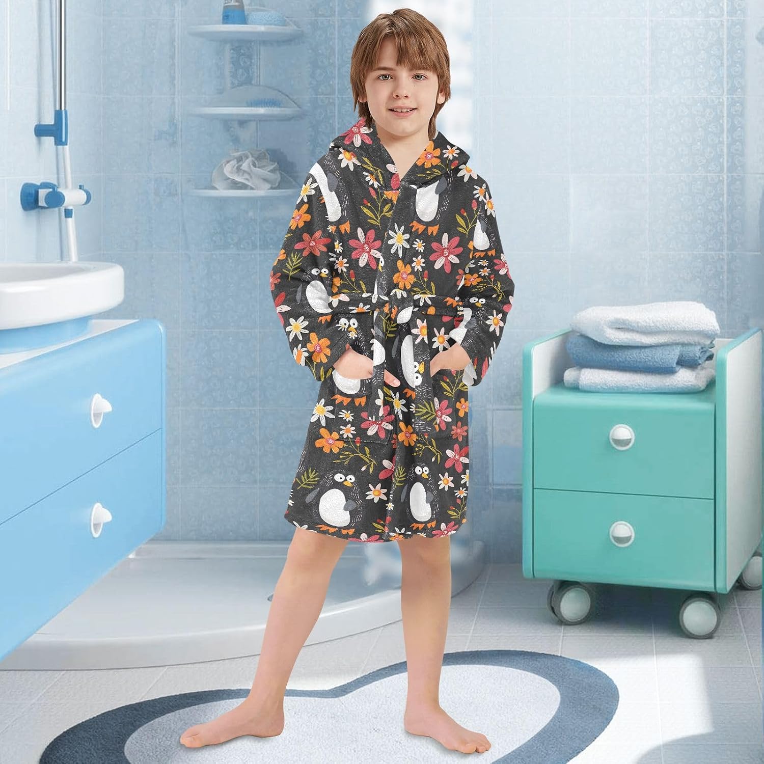 senya Cartoon Penguin A Toddler Hooded Bathrobe Kids Soft Plush Bath Towel Robes for Boys Girls 2-12 Years