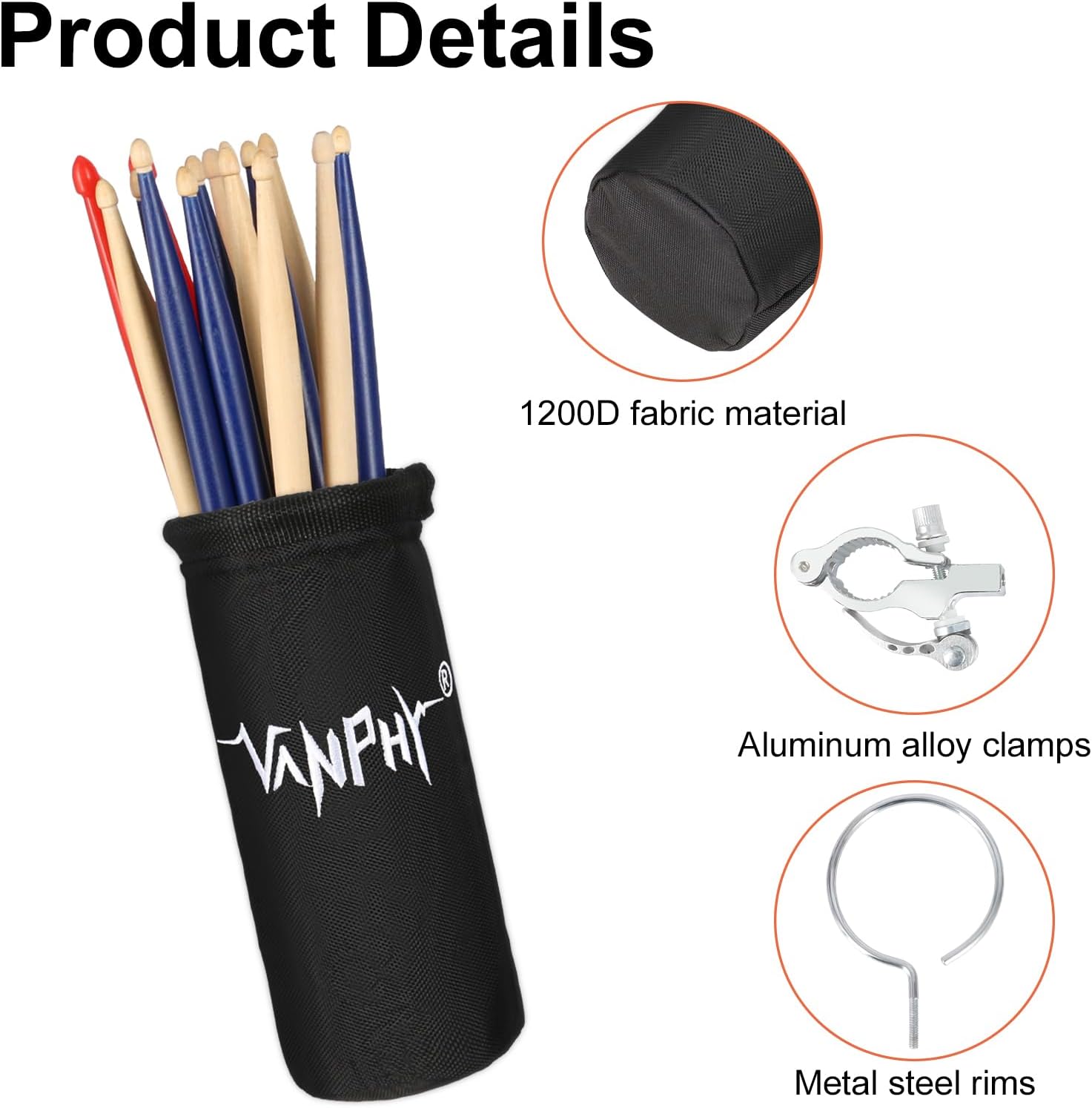 Drumstick Bag Holder Drum Stick Holder Mallets Up to 14 Pairs of Drumsticks with Aluminum Alloy Mounting Clip and Metal Steel Rims for Drum Kit & Music Stand(2.3cm Diameter Pole)