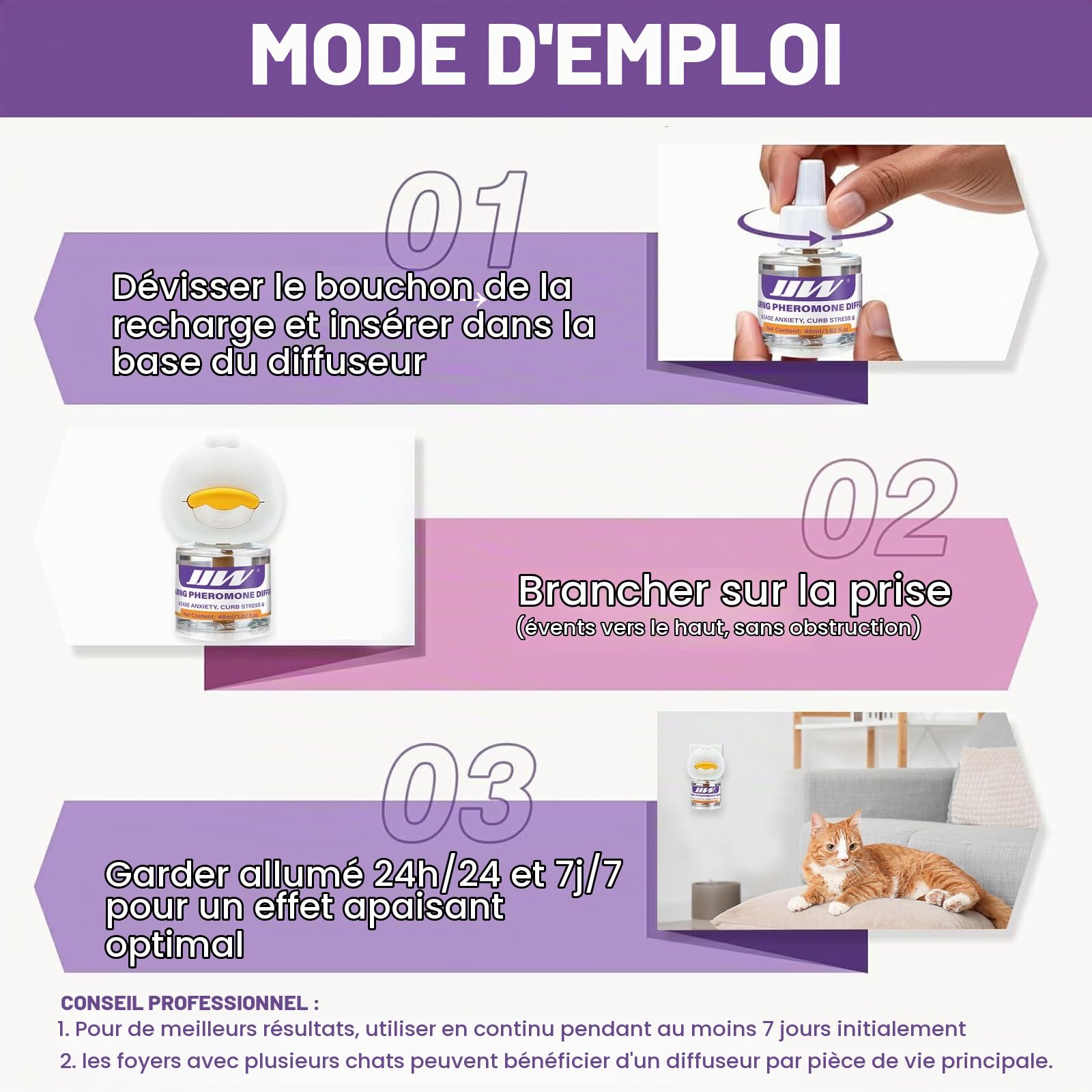 JJW Kit diffuseur de phéromones apaisantes 6 en 1 pour Chat - Soulager l'anxiété, réduire Les Combats/griffades, 2 diffuseurs + 4 recharges, 120 Jours d'utilisation (01) (Violet, XL)