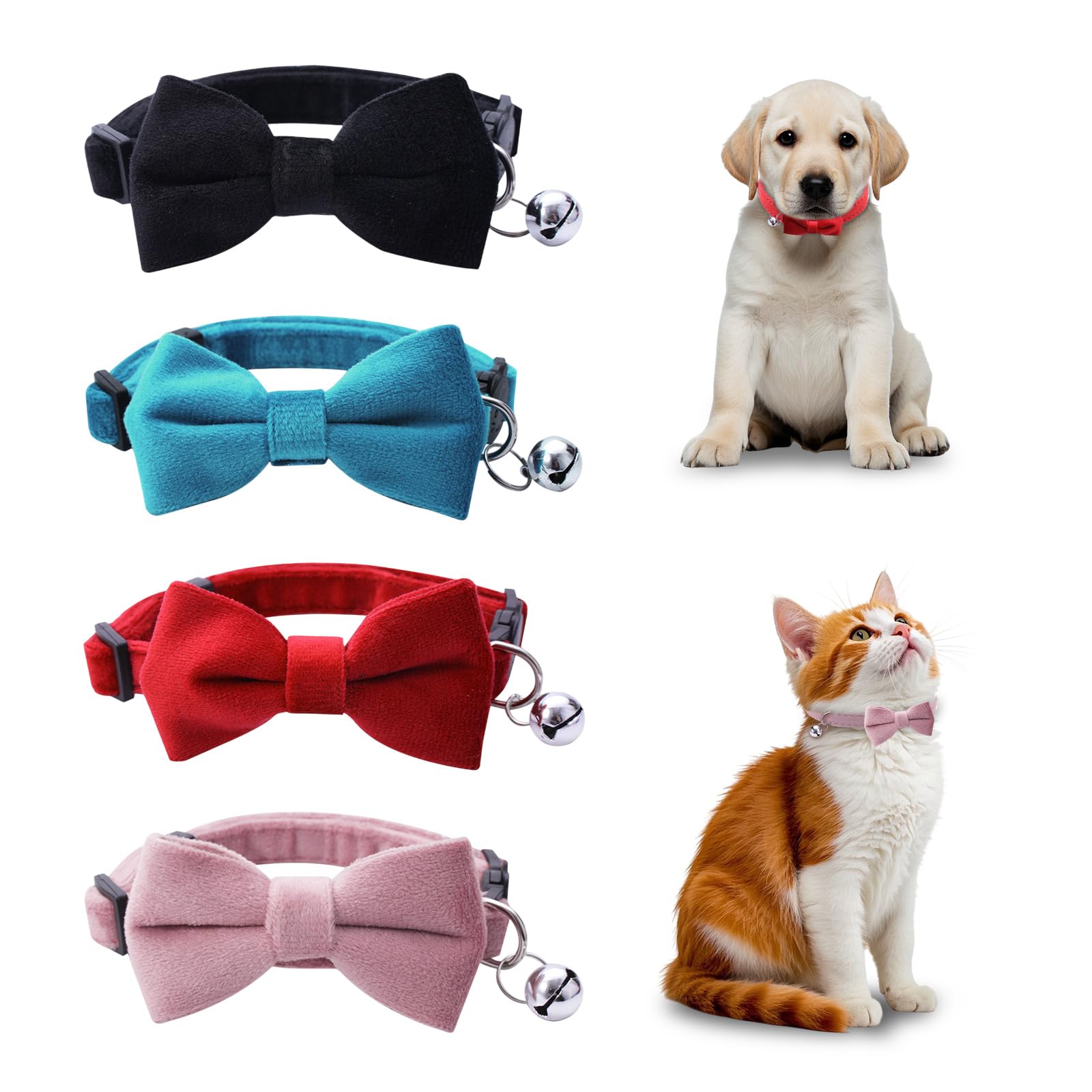 TUONYIS 4 Pcs Velvet Cat Collars with Bell, Adjustable Breakaway Cat Collars, Cat Bow Collar, Cat Bowtie, Black, Blue, Pink, Red