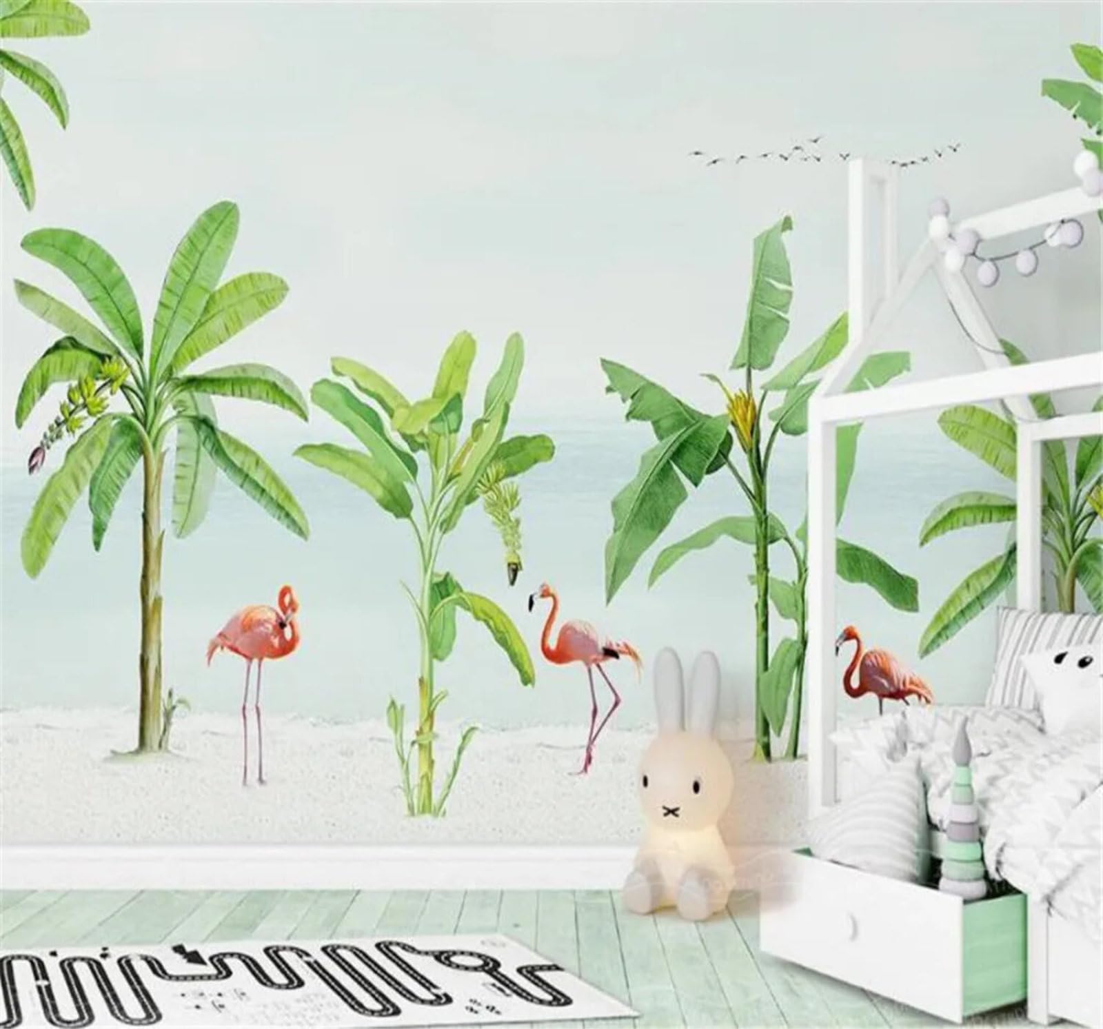 Tzxztt Pastel Seaside Banana Tree Pink Flamingo Modern 3D Wallpaper Premium Textured Silk Neutral Tones Material Ideal for Living Room Bedroom-400cm×280cm