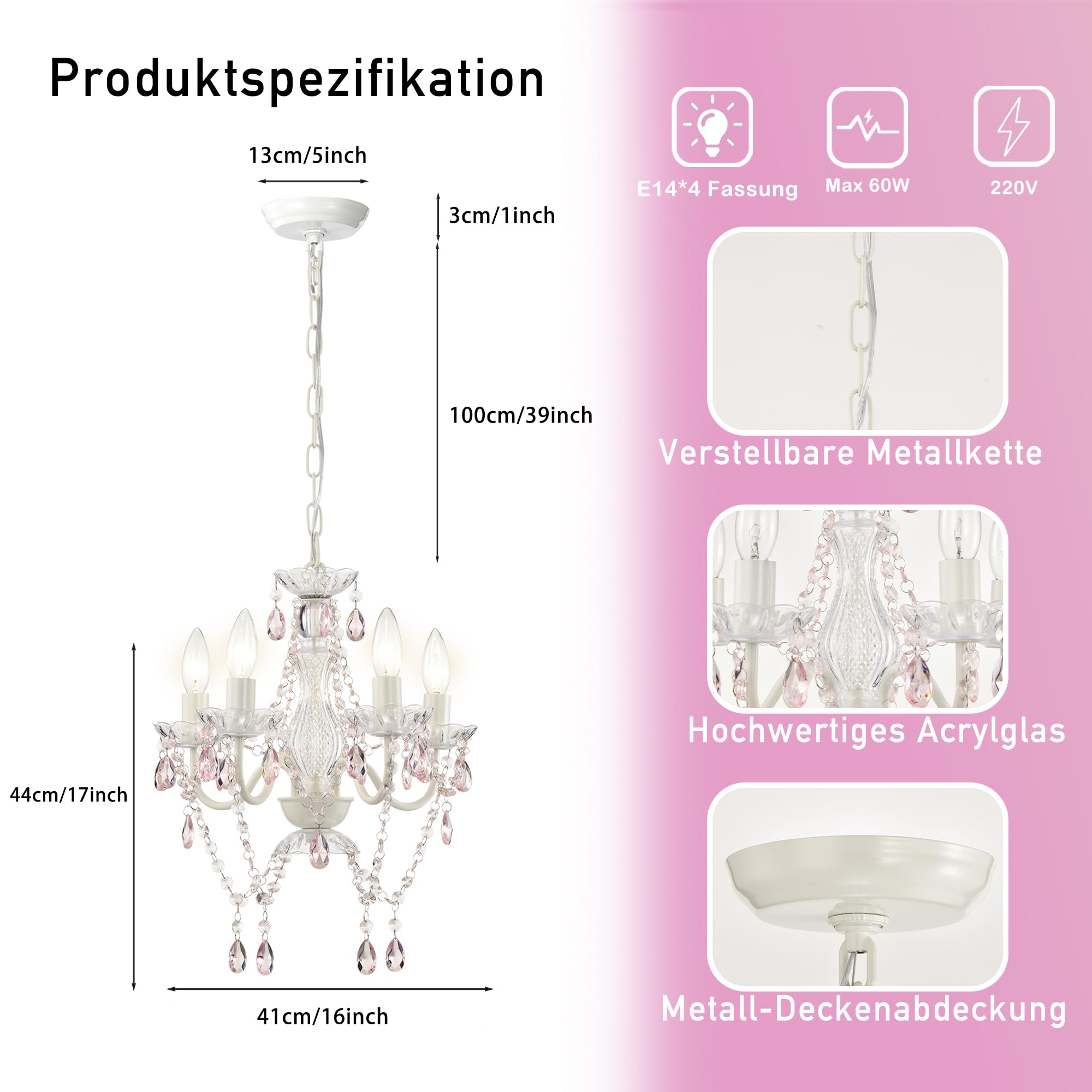 Alighting Kleiner Kronleuchter in Rosa und Weiß – 4-Flammige Pendelleuchte Ø 41 cm, Elegante Deckenlampe für Mädchen Kleine Räume, Schlafzimmer, Kinderzimmer, Flur, E14