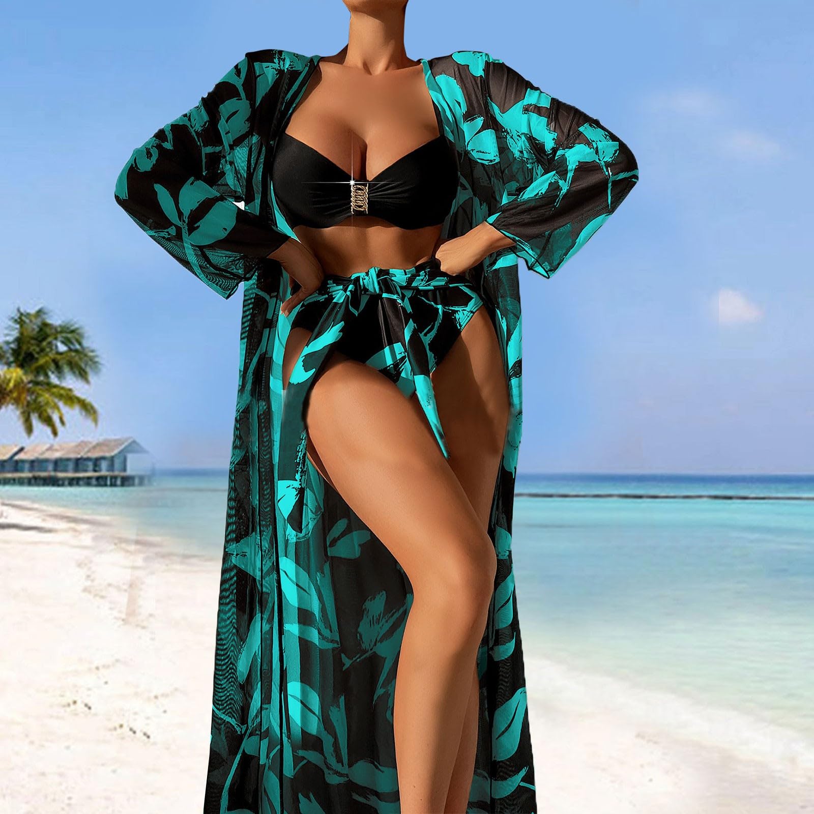 Bikini sexy 3 pièces 2024 - Taille haute - Pour femme - Manches longues - Push Up - Plage
