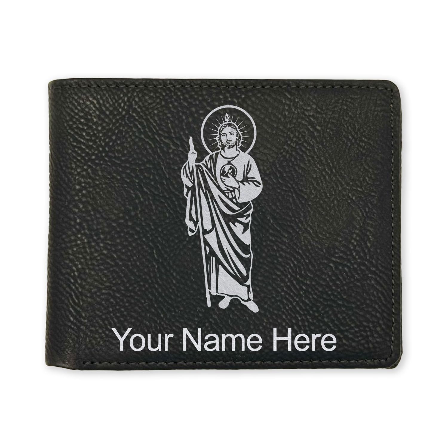 LaserGram Faux Leather Bi-Fold Wallet, Saint Jude, Personalized Engraving Included (Black with Silver)