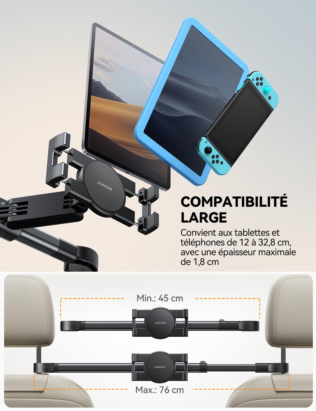 JOYROOM Support Tablette Voiture Appuie Tete [Fixation Bilatérale] – Porte Tablette Voiture avec Bras Métallique, Support iPad Voiture Central pour iPad, Tablettes & Smartphones de 4,7 à 12,9"