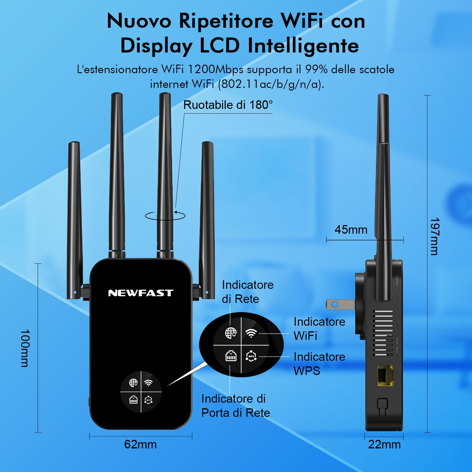 NEWFAST Ripetitore WiFi Potente per Casa, 1200Mbps WiFi Extender Dual Band 2.4GHz/5GHz con 4 Antenne ad Alto Guadagno, Porta Ethernet, WPS, Display Intelligente, Supporta Modalità Ripetitore/Router/AP