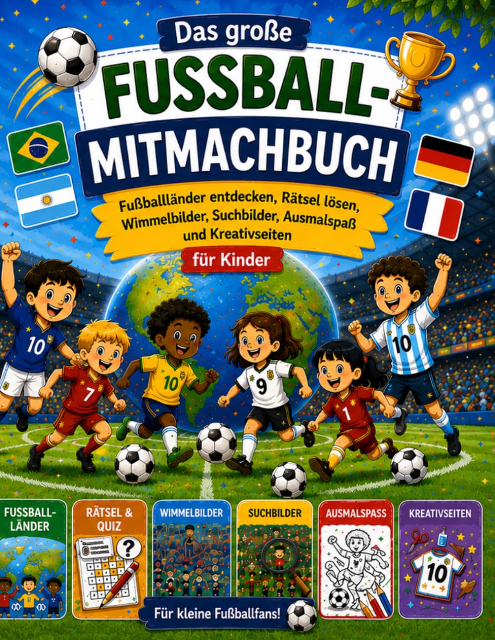 Das große Fußball Mitmachbuch: Fußballländer entdecken, Rätsel lösen, Wimmelbilder, Suchbilder, Ausmalspaß und Kreativseiten für Kinder