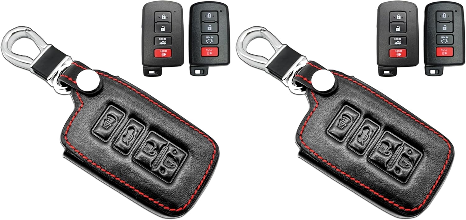 MECHCOS Compatible with Toyota Sequoia 4Runner RAV4 Avalon Camry Corolla Highlander 4 Buttons Leather Case Protector Key Fob Cover Smart Car Remote Holder (Pack of 2)