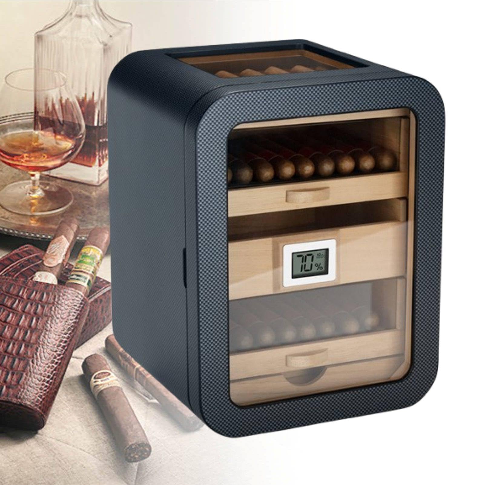 MhWrughts 110 Count Cigar Humidor Cabinet, Spanish Cedar Wood Humidor with Digital Hygrometer, Humidifier and Glass Viewing Door, Walnut Wood Cabinet for Bars Offices CarbonFiber-B