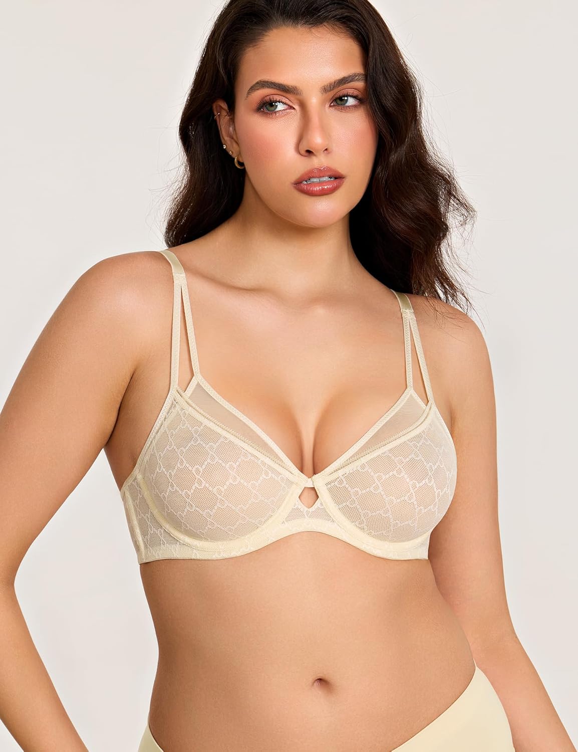 Deyllo Women's Sexy Sheer Mesh Bra See Through Balconette Underwire U-Back Unlined Lace Bras