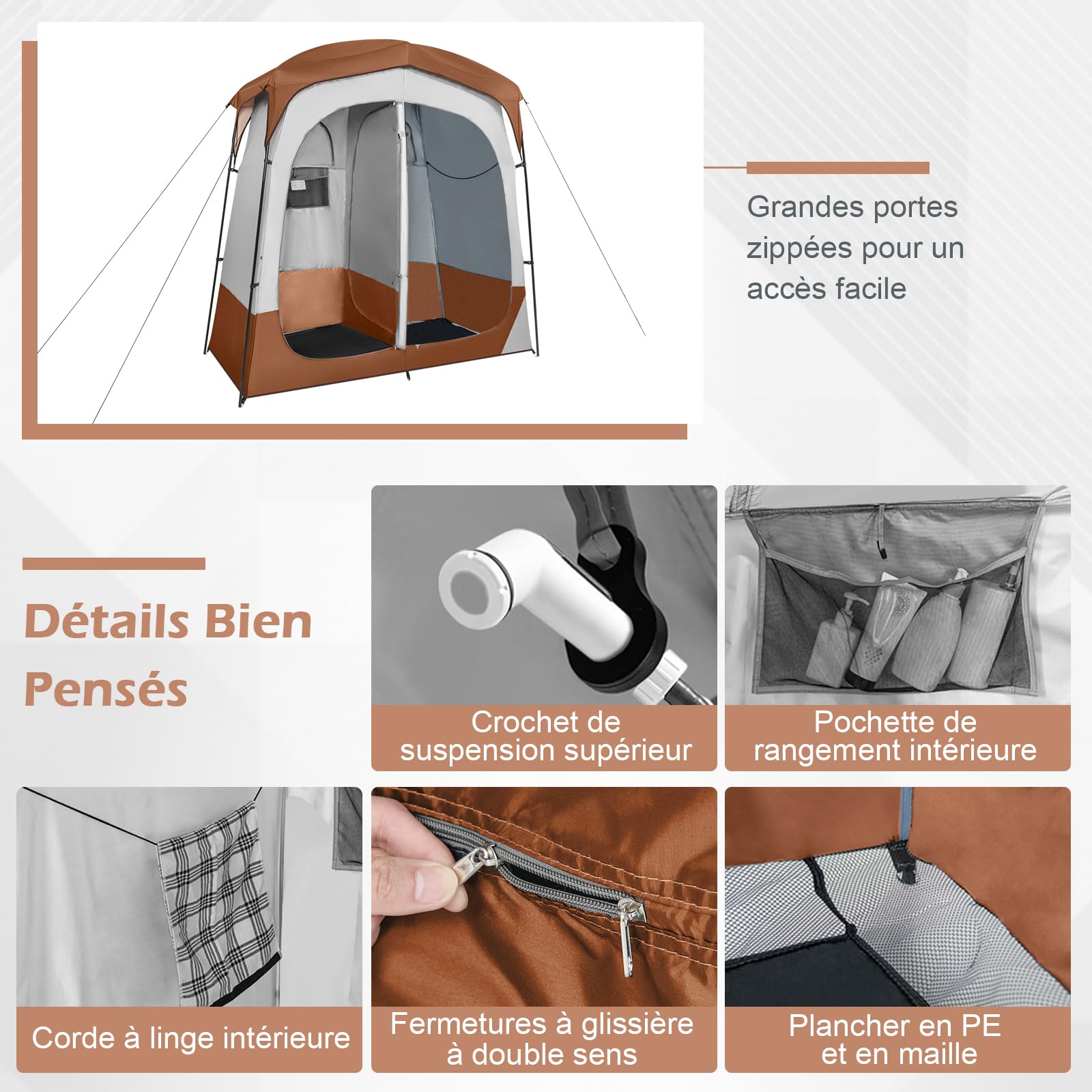 GOPLUS Tente de Douche 2 Personnes, Tente Cabine d'Essayage Portable avec Portes Zippées et 4 Fenêtres, Tente de Vestiaire avec Sac de Transport, pour Camping, Toilettes et Douche, Gris (Brun)