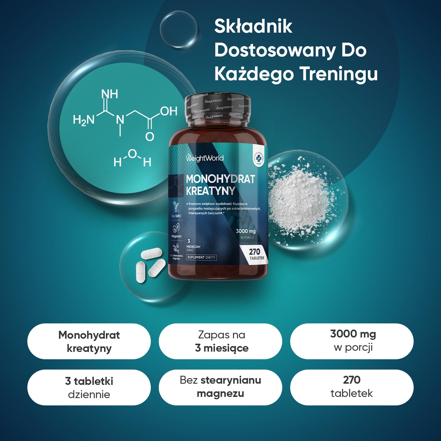 Monohydrat kreatyny 3000 mg – 270 wegańskich tabletek kreatyny, zapas na 3 miesiące – suplement diety dpowiedni dla wegan, 3 tabletki dziennie, bez GMO, laktozy i stearynianu magnezu