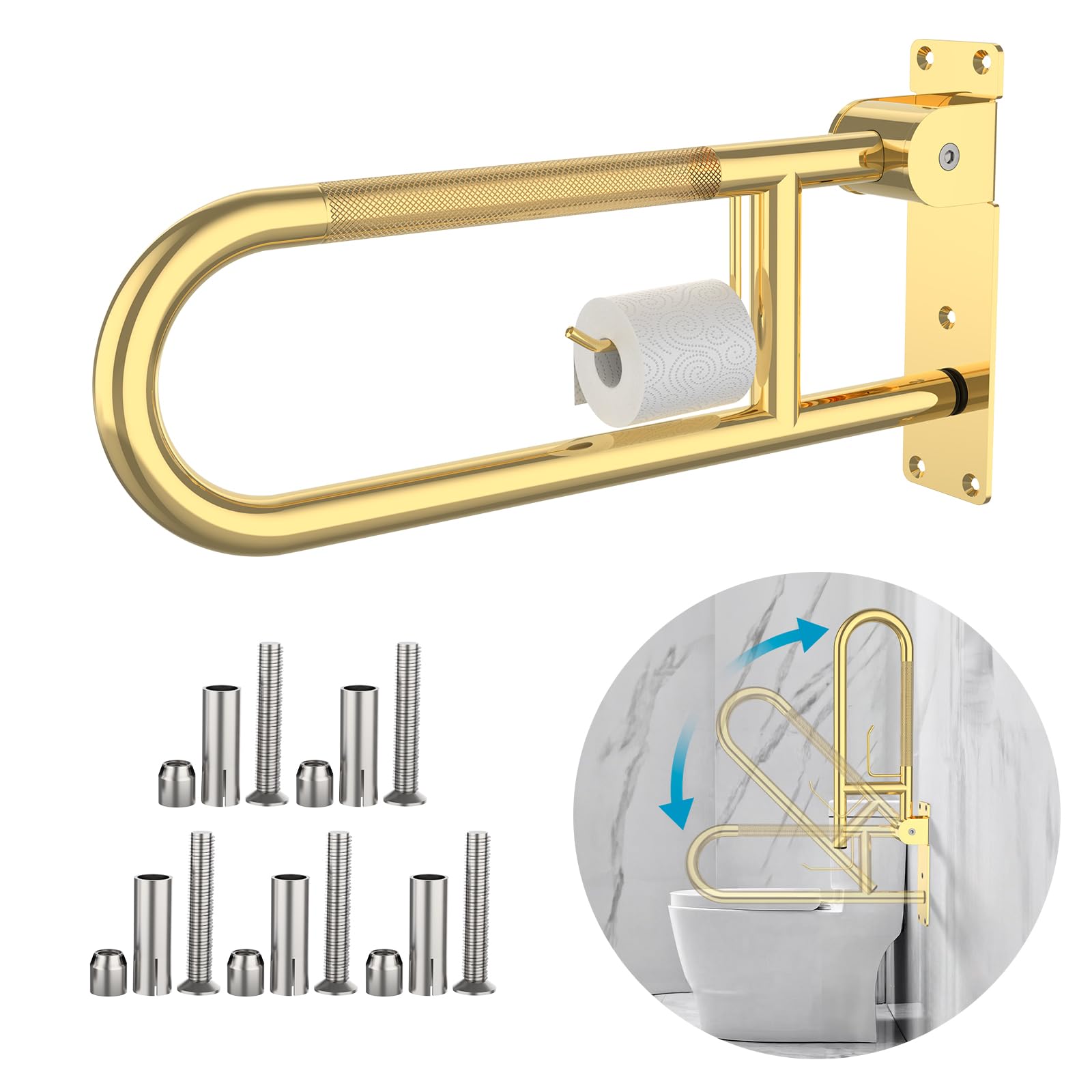 Munzong Gold Toilet Grab Bar 22.4 Inch Anti-Slip Handicap Grab Bars With Paper Holder, Flip-Up Bathroom Safety Rails, Stainless Steel Knurled Support Handrails For Seniors Elderly Disabled Pregnant