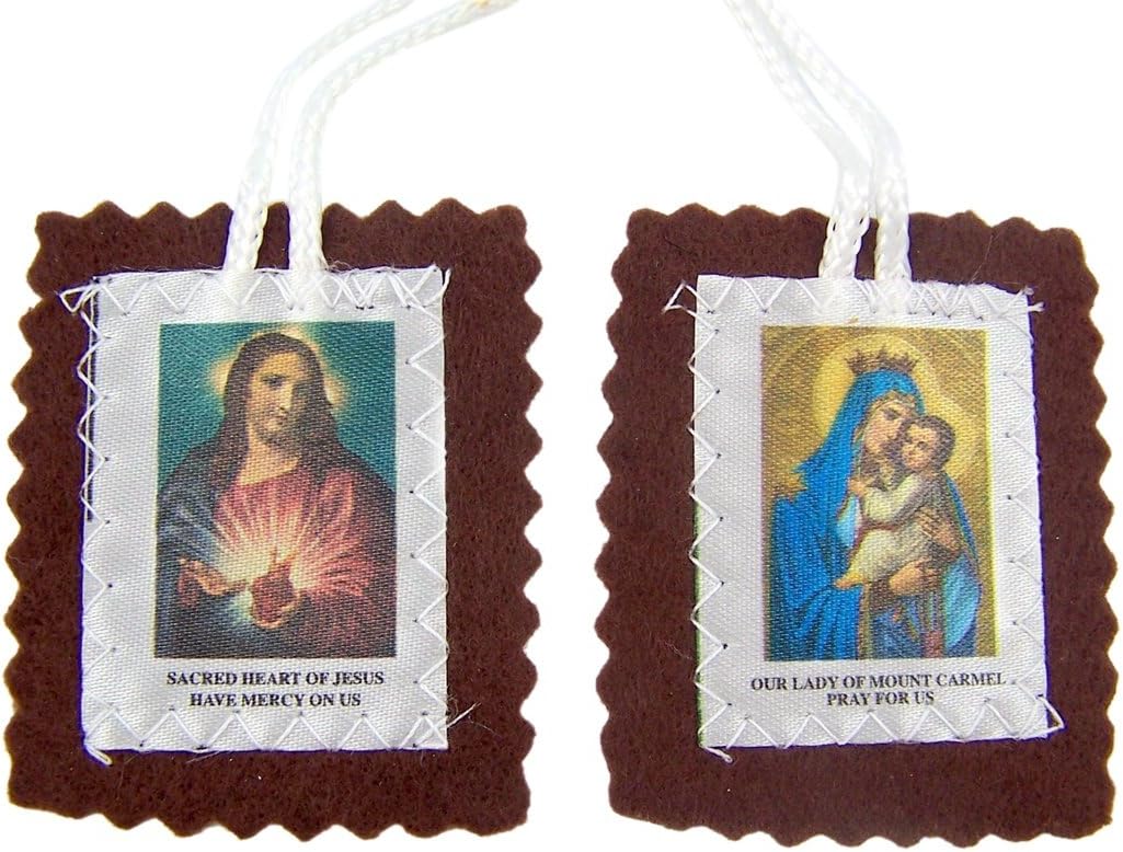 Brown Cloth Scapular Our Lady of Mt Carmel with Sacred Heart of Jesus, 32 Inch