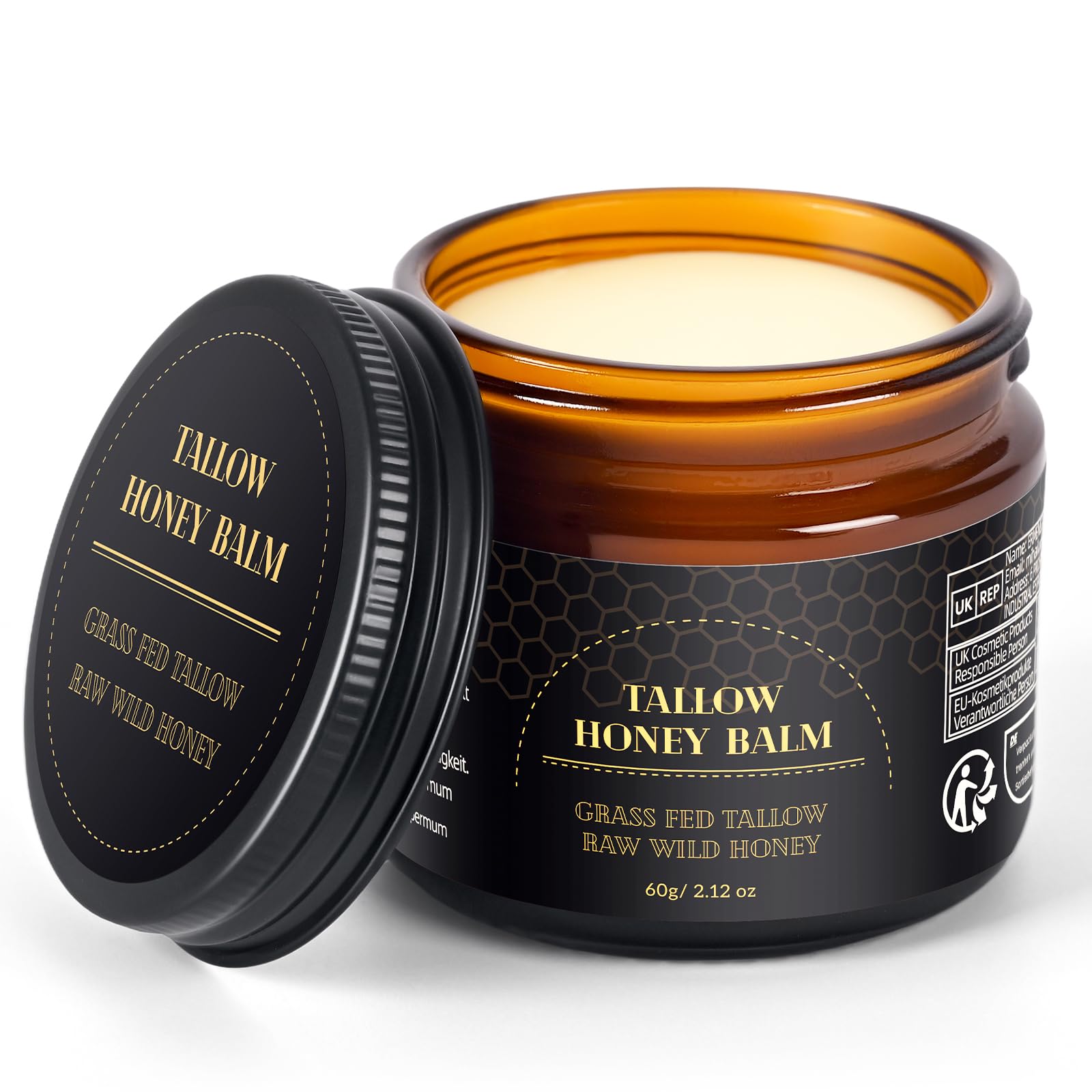 Beef Tallow Creme,Rindertalg Creme,Beef Tallow Skincare, Tallow Honey Balm-GrassgefüTtert,Talg Aus Weidehaltung Rohhonig,Feuchtigkeitscreme.(2.12oz /60g)