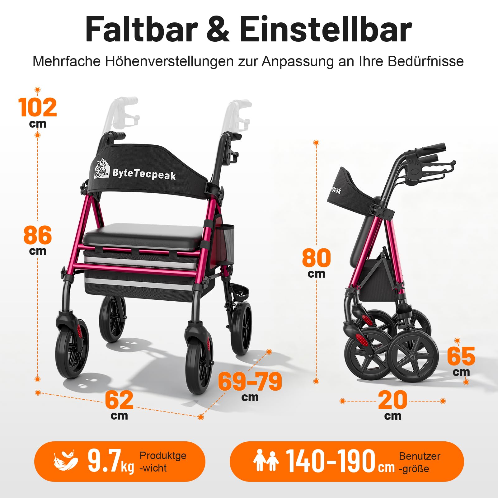 R4 Rollator faltbar und leicht mit Sitz, Rollatoren schmal für Wohnung, Rollatoren für Senioren klappbar mit 20 cm Reifen für All-Terrain, Sitz- und Griffhöhe verstellbar