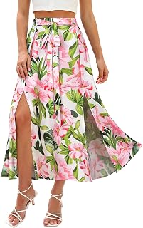 Women Maxi Hawaiian Floral Slit Skirt High Elastic Waisted Split Thigh Long Skirts with Pockets
