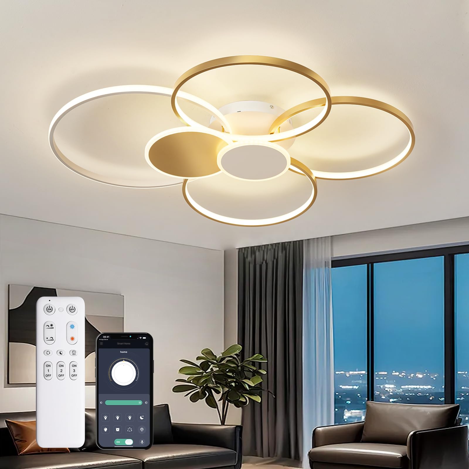 RRBEST LED Dimmerabile lampadario soggiorno, PLampada Da Soffitto con telecomando,Applica A Decorativa Soggiorno Camera Da Letto Cucina E Ufficio