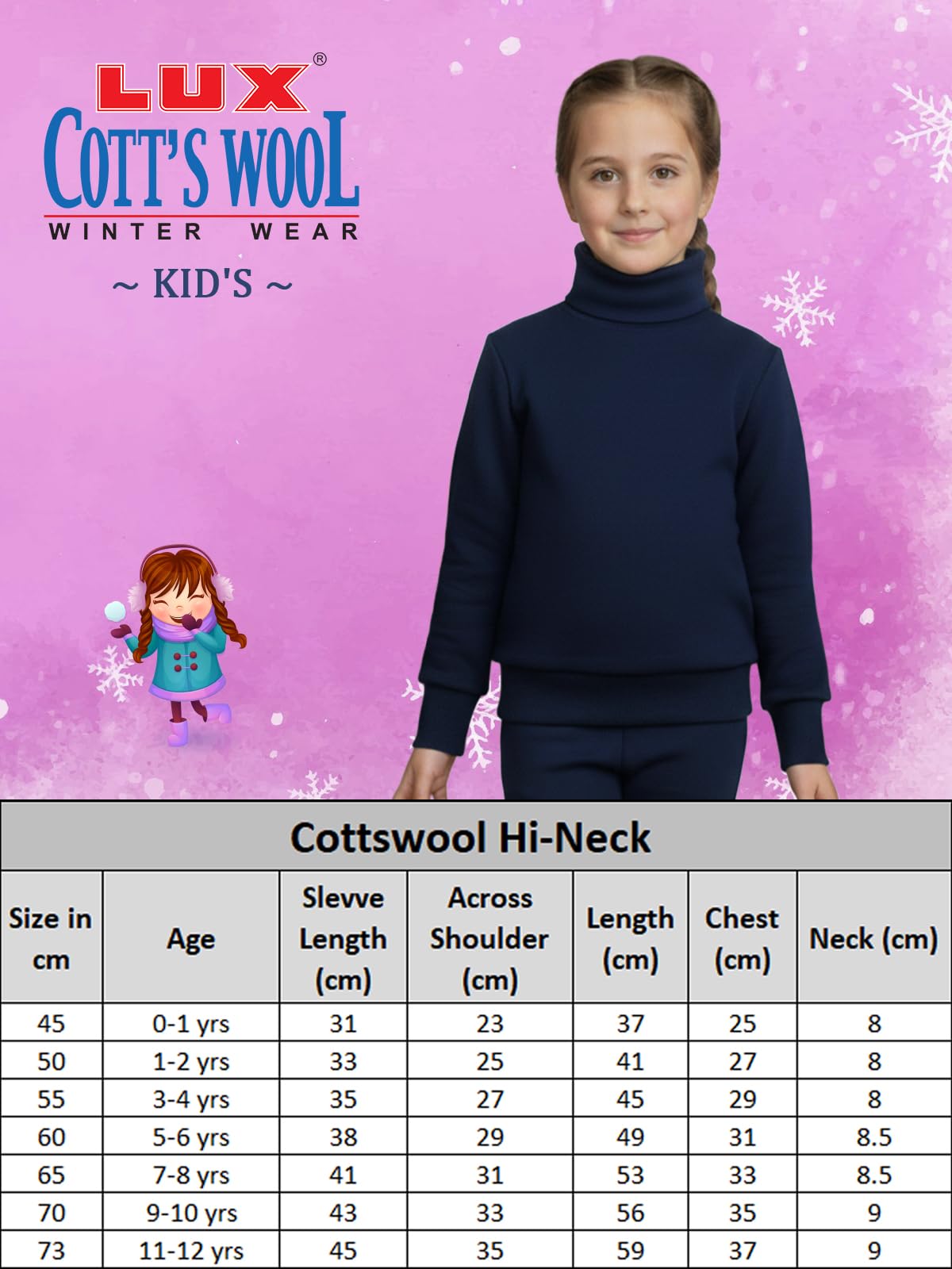 Lux Cottswool Girl's Pack of 1 Blue Full Sleeves High Neck Thermal Top (Size : 65cm) 2