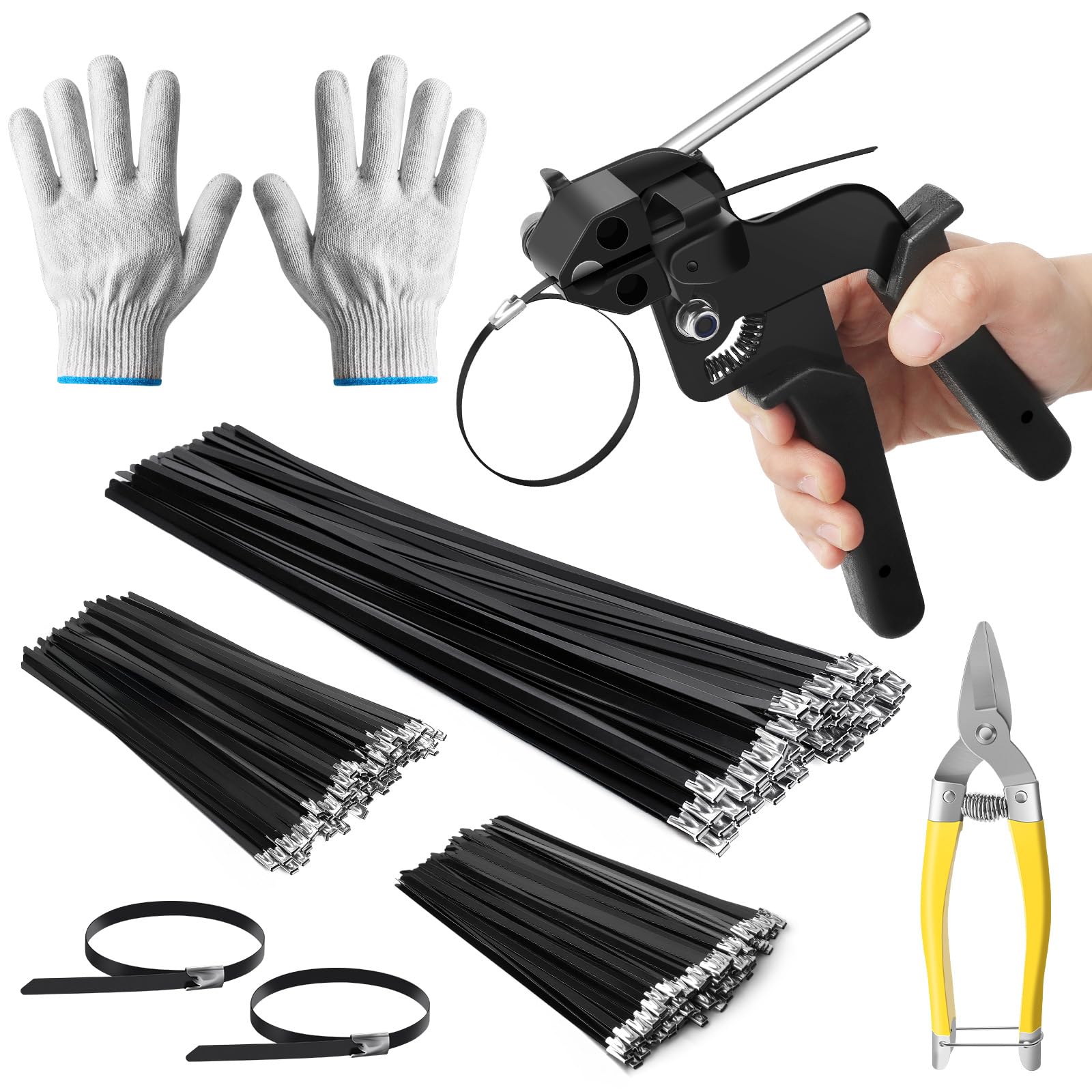 Photo 1 of Stainless Steel Zip Ties Gun Set, with 300PCS Black Metal Zip Ties (100 Each of 6, 8, 11.8 Inch), Heavy Duty Fastening Cutting Tie Tool Sets for Chain Link Fence, Exhaust Pipes, Automotive