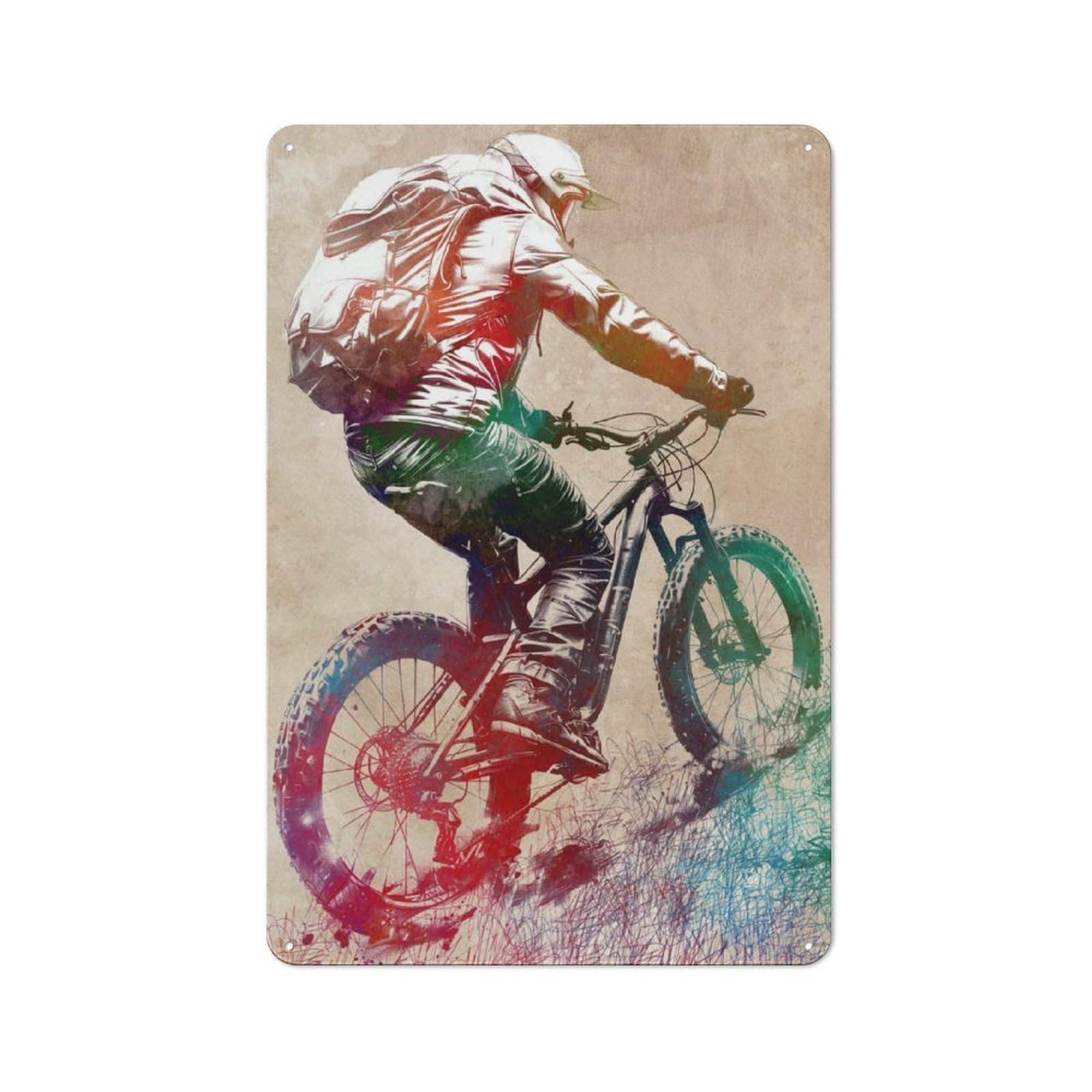 Junmoney Mountain Biker Watercolor Rustic Tin Sign 30X20cm For Café Or Restaurant, For Café Owners And Decorators, For Retro Home Interiors