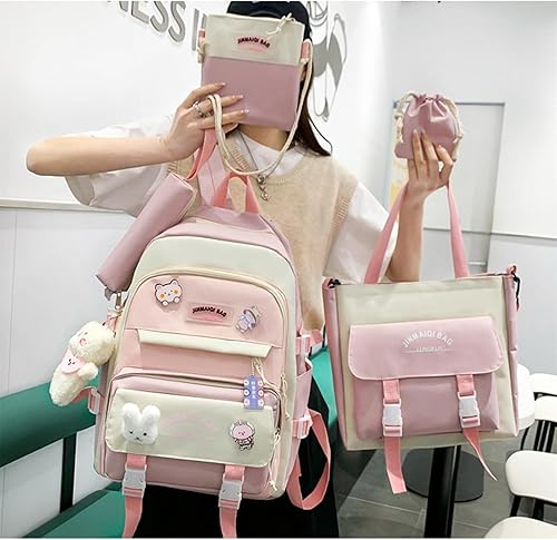 Vista 2 de Juego de 5 mochilas kawaii lindas con alfileres colgantes de oso de retazos, diseño de conejito de anime japonés, Rosado, Japonés