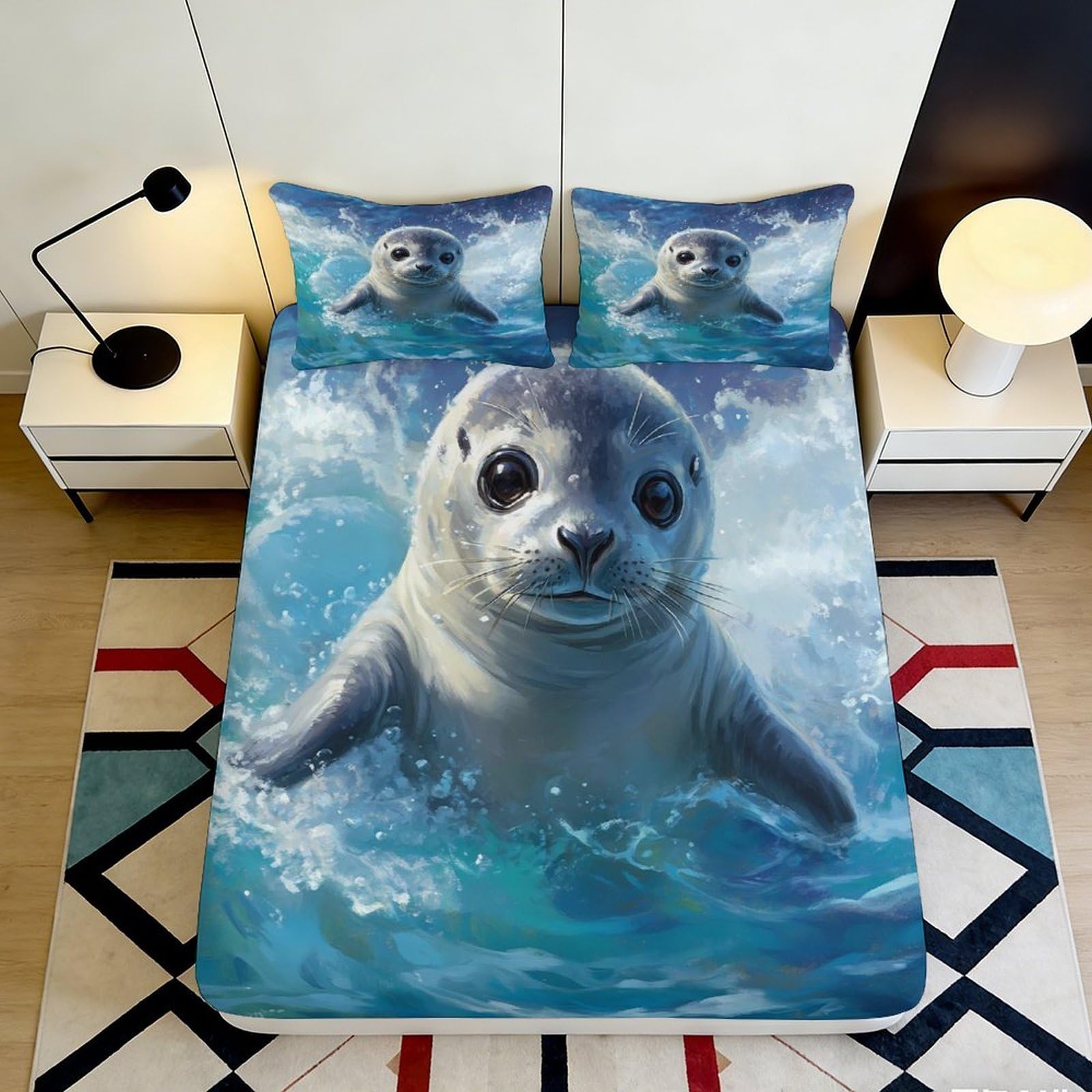 3D Printed Ocean Animals Fitted Sheet Microfiber Deep Pocket Bedroom Seal Mattress Fitted Cover Washable 140x200x25cm