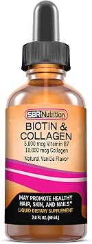 SBR Nutrition Biotin and Collagen Liquid Drops Daily Food Supplement, Vitamins for Hair Growth and Thickening, Skin Health and Nail Strength, 2 oz 60mL