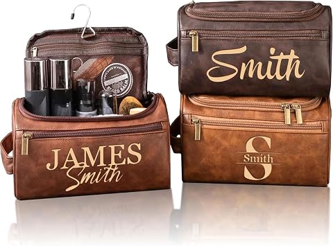 Mens Customizable Hanging Toiletry bag for man Dopp Kit Bag for Travel, Wedding Groomsmen Gifts, Fathers Day,Christmas Birthday Presents for Dad, Husband, Grandpa,Lover Brown