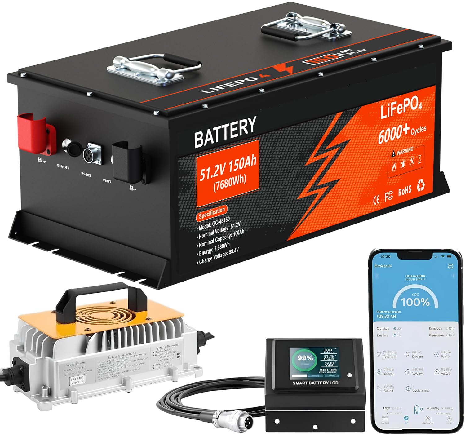 48V 150Ah Lithium Golf Cart Battery 6000 Cycles Rechargeable LiFePO4 Battery with 58 4V 18A Charger Built-in 200A