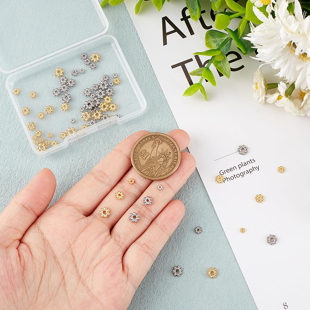 UNICRAFTALE 80Pcs 2 Colors 8 Styles 3-8mm 304 Stainless Steel Spacer Caps Bead Sets Metal Flower Shape Spacer Bead Cap Half Round Bead Caps for Bracelet Accessories Jewelry Making - Image 3