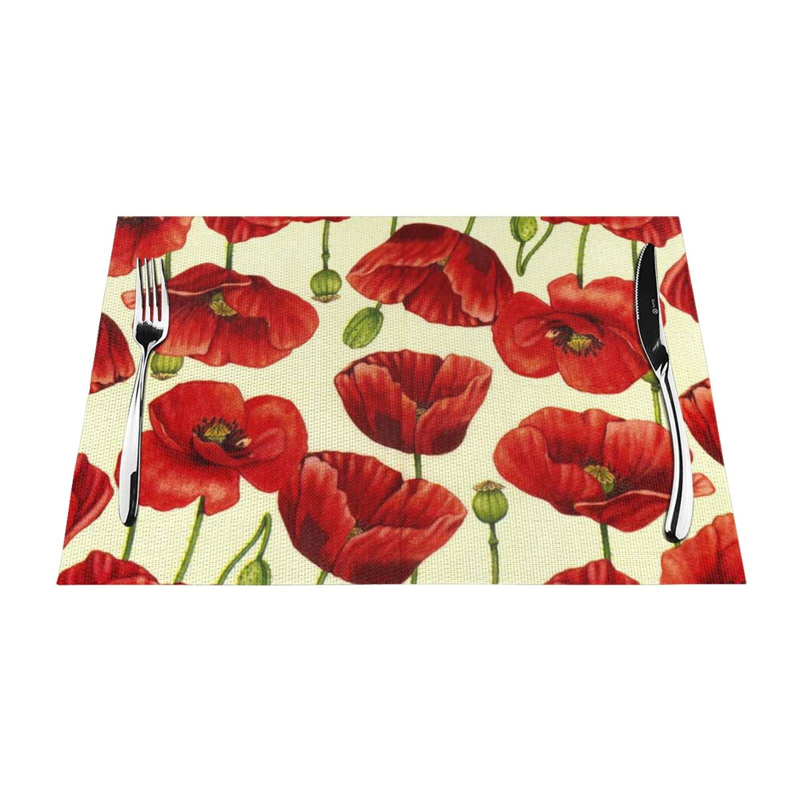Sets de table en PVC tissé durable au design raffiné de coquelicot rouge