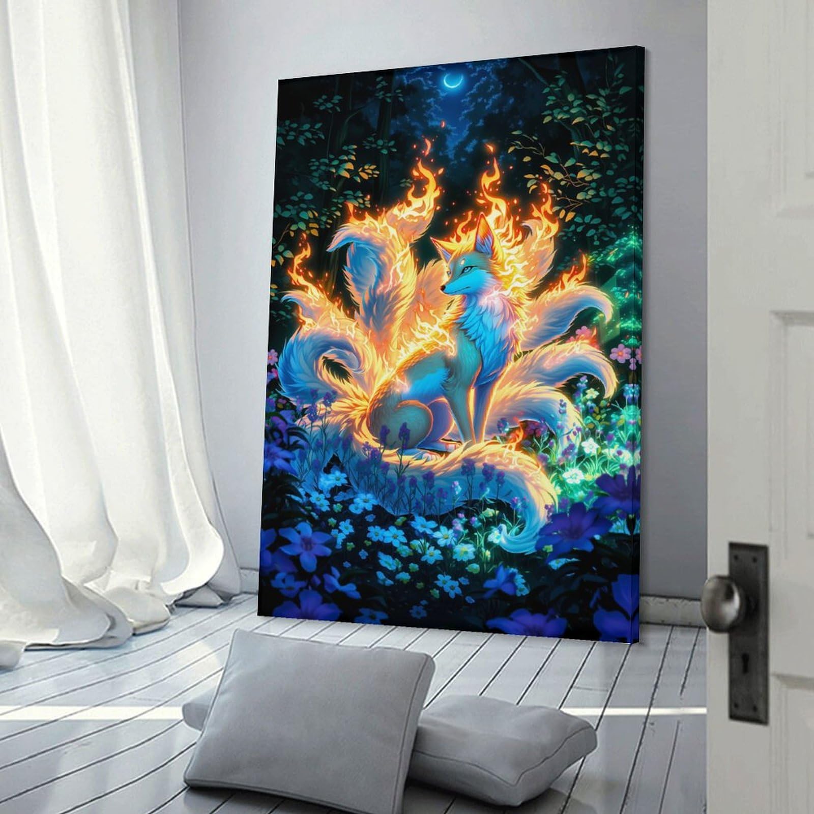 Junmoney Frame-Style-3 Fiery Nine-Tailed Fox In Forest Wall Picture Print 24X36inch(60X90cm), For Entrance Spaces, Stair Walls Or Halls, Decorative Canvas Styling For Entry Areas