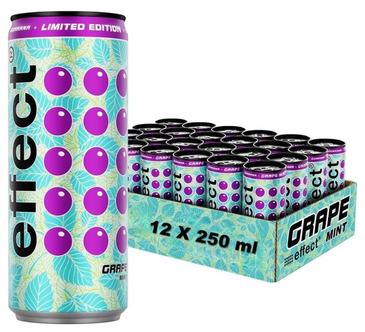 effect Energy Drink | Caffeinated Soft Drink with Vitamin B | Fruity & Fresh | GRAPE MINT Flavour | 250 ml x 12 Cans