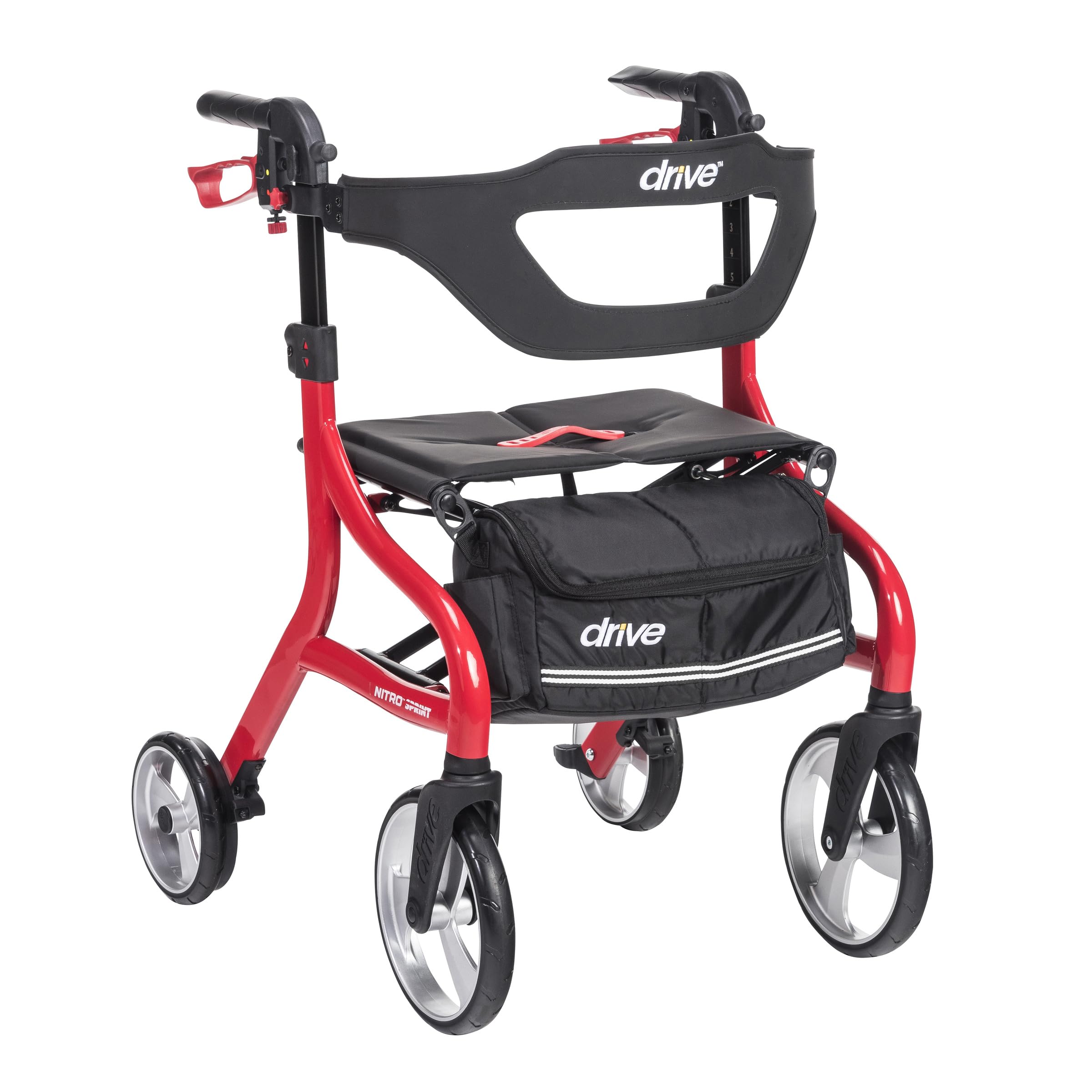 Nitro Sprint Foldable Rollator Walker with Seat - Lightweight Support - Large Wheels - Compact Folding Design - Adjustable Comfort - Standard Size - Red