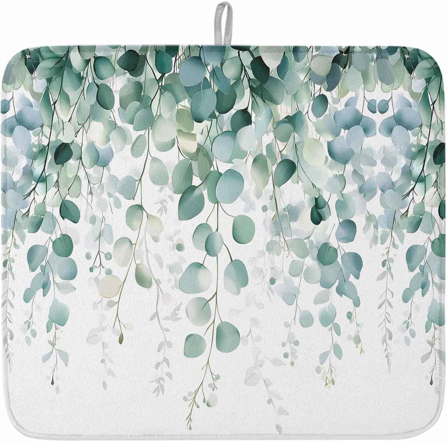 Eucalyptus Leaves Dish Drying Mat 18x24 Inch, 1 Pcs Absorbent Coffee Mat, Green Botanical Microfiber Bottle Dishes Drainer Pad, Summer Spring Leaf Quick Drying Mat for Kitchen Counter/Sink