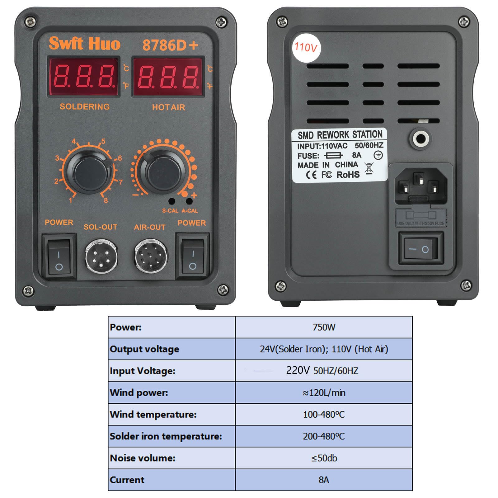 Stazione saldante, 750W Stazione Saldatura ad Aria Calda kit Stazione Saldante 8786D+ con 5 Saldatura, Filo di Saldatura,Pinzette, pompa dissaldante e kit Stazione di Rilavorazione per Elettronica