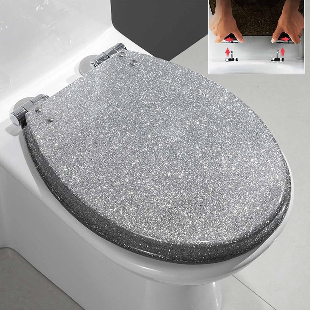Ldhsjh Silver Silent Slow Close Toilet Seat Lid Metal Hinges Quick Release Heavy Duty, Adjustable, Lightweight, Durable, Portable, User-Friendly, Compact, Quiet, Sparkly, Elongated, Resin