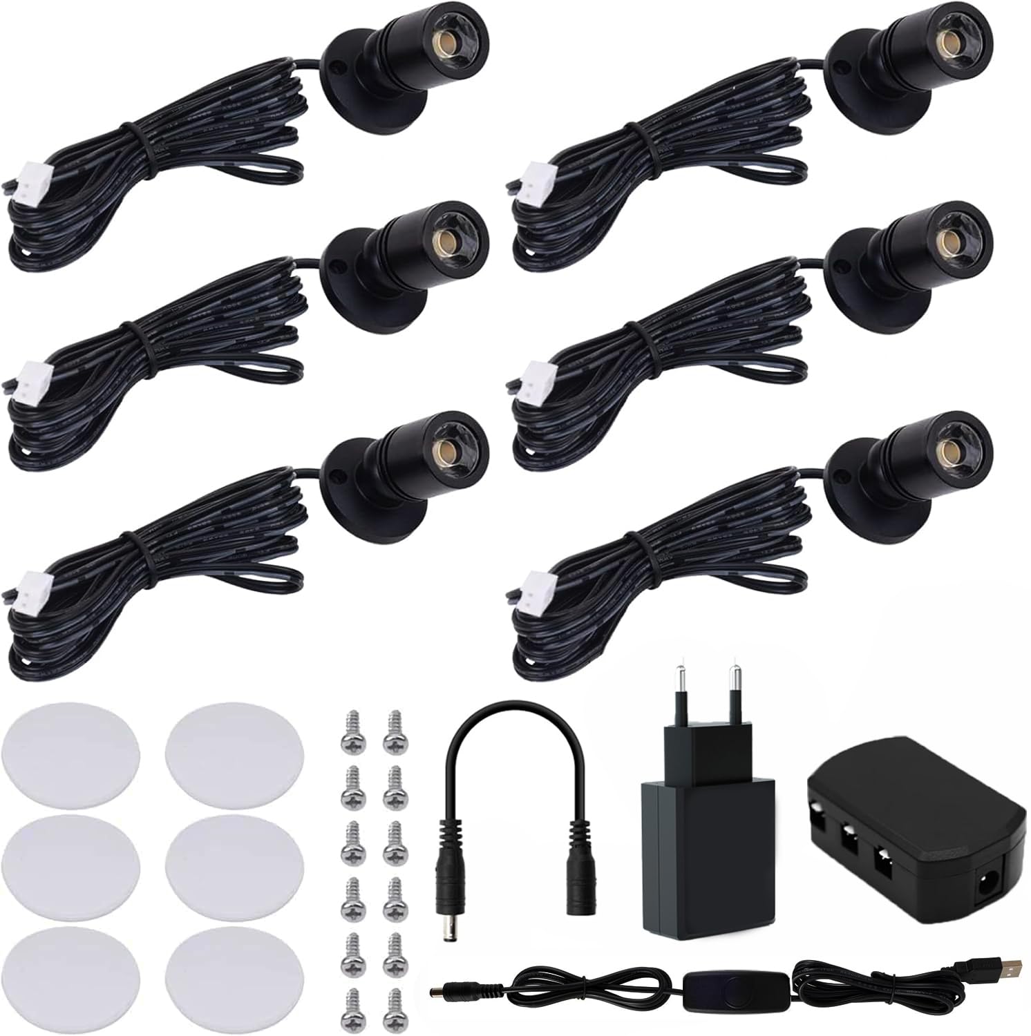 Klein LED Scheinwerfer LED Spotlichter für den Innenbereich Schranklicht Bilderlichter Akzentlichter 360° Schwenkbar Aluminium Mini led spot für Schrank, Flur, Galerien (6 Stück-Warmweiß-Schwarz)