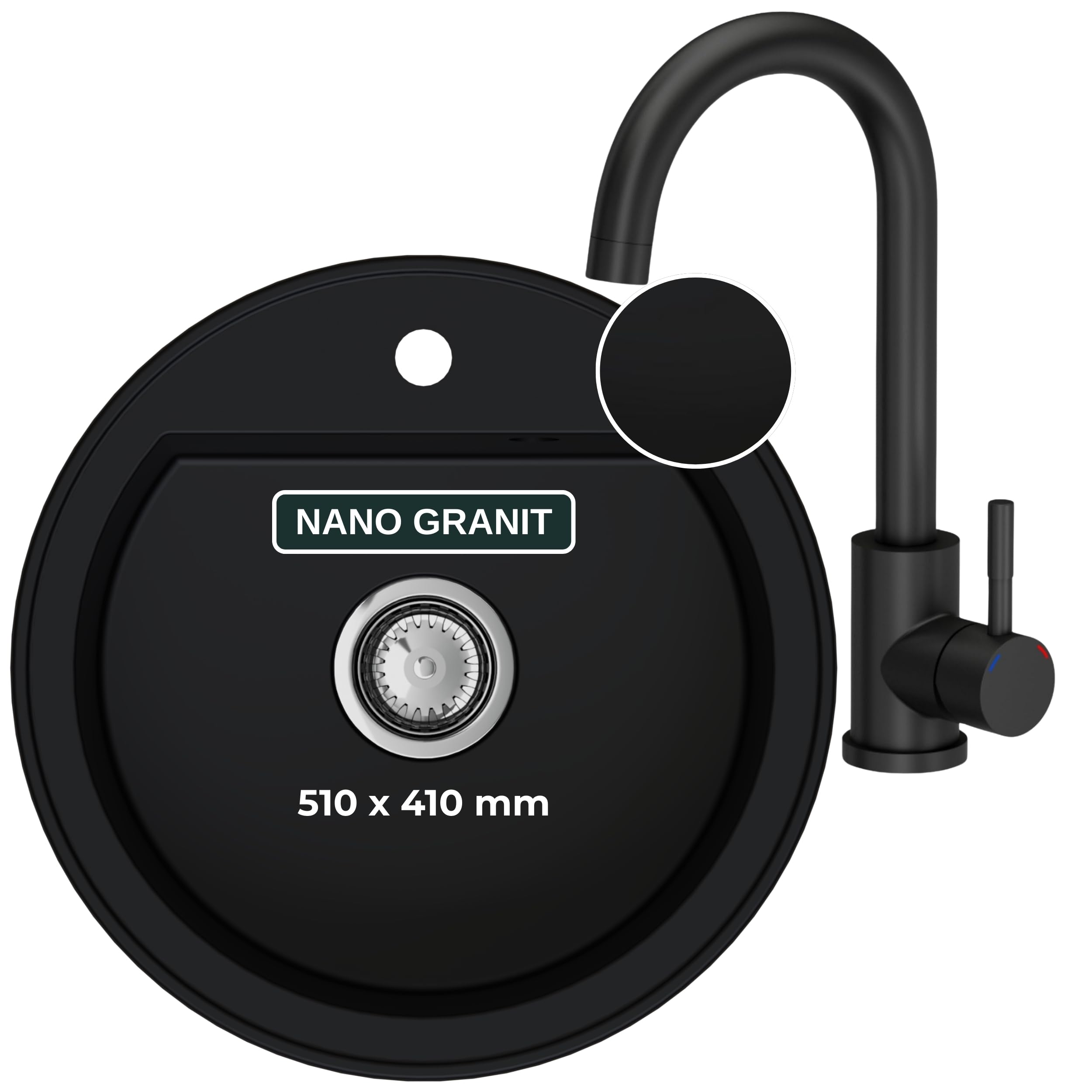 SINK QUALITY lavello rotondo con rubinetto Ø 51 cm – lavello in granito nero con rubinetto, sifone e impregnazione – lavello da cucina rotondo in granito per sottolavelli a partire da 55 cm di