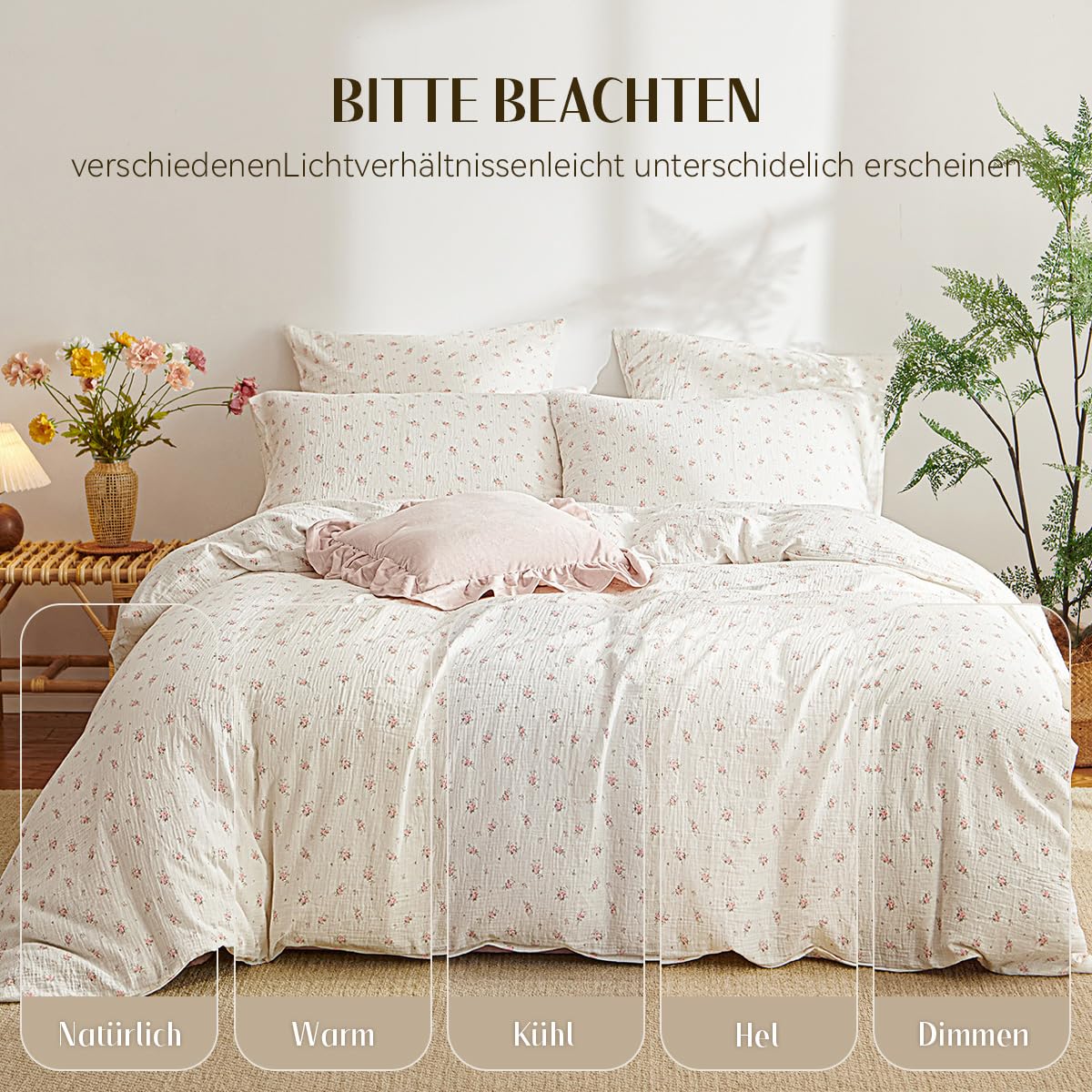 Lanqinglv Musselin Bettwäsche 135x200 Baumwolle Rosa Blumen,Leinenoptik | ÖKO-TEX Zertifiziert,für Allergiker,4 Jahreszeiten Set,Atmungsaktiv Bettbezug 1 Kissenbezüge 80x80 mit Reißverschluss