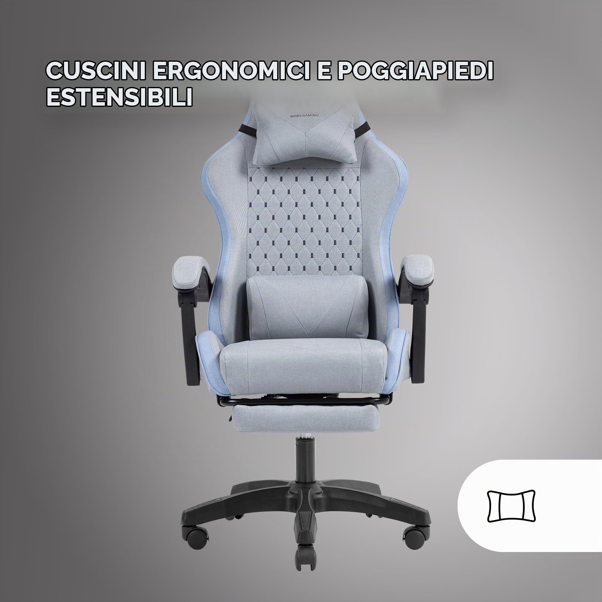 Mars Gaming MGC-X, Sedia Gaming Ergonomica, Tessuto Traspirante, Schienale Reclinabile e Altezza Regolabile, Braccioli Dinamici, Cuscino Cervicale e Lombare, Sedia Poggiapiedi Estensibile, Blu