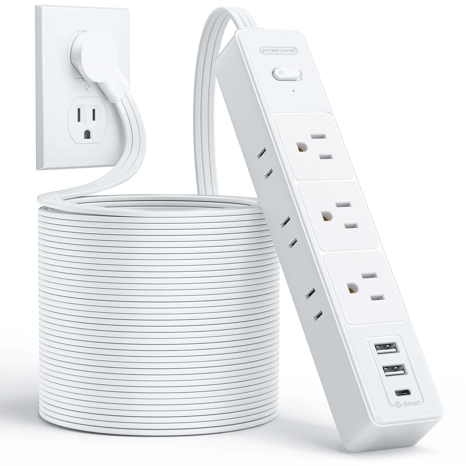 NTONPOWER Flat Extension Cord 25ft, 1080J Surge Protector, 13A / 1625W Overload Protection, Ultra Thin Flat Plug Extension Cord, 6 Outlets 2 USB-A & USB-C, White Extension Cord for Home, Dorm, Office