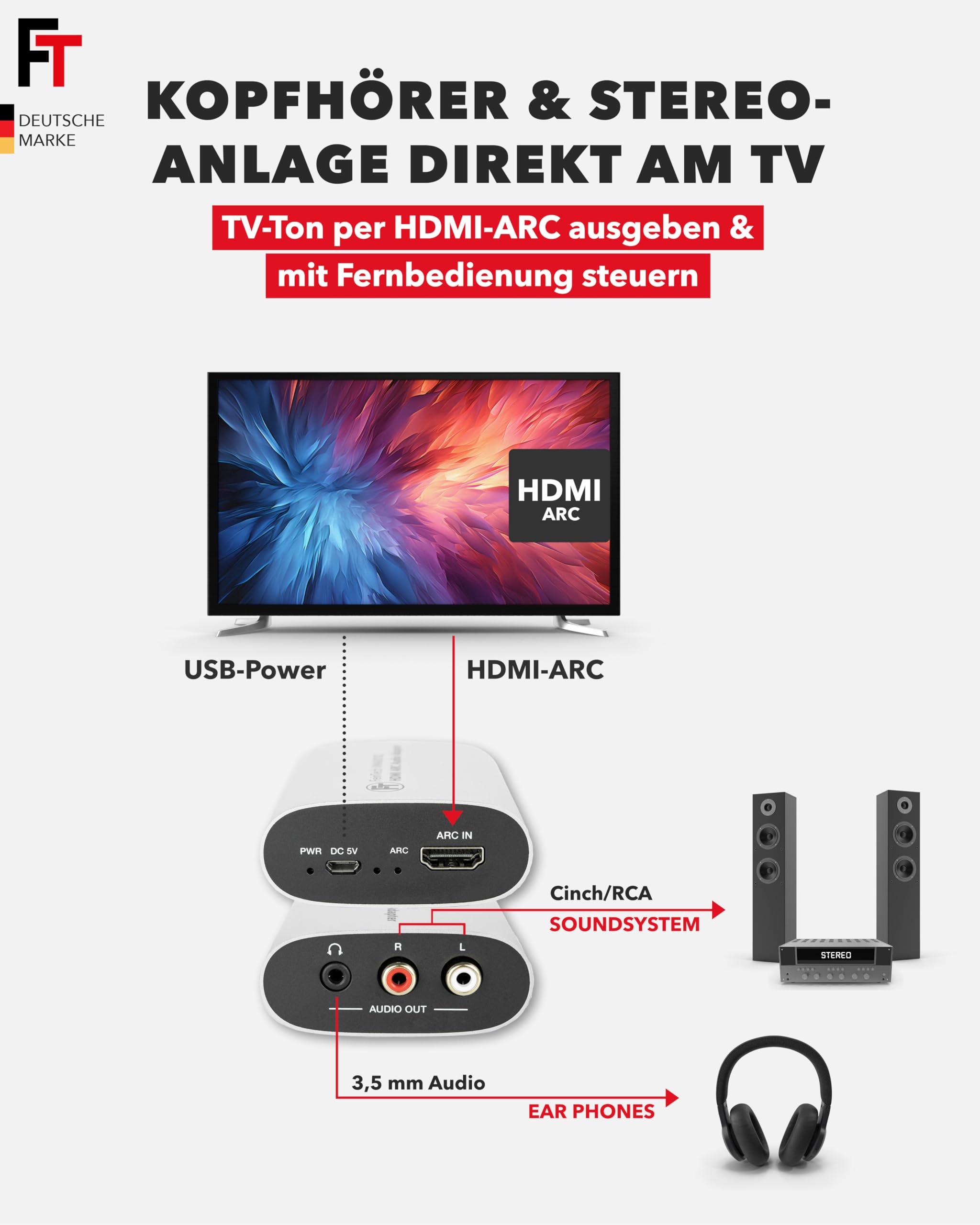 FeinTech HDMI ARC Audio Extractor Adapter für TV mit Lautstärke-Steuerung Cinch AUX Klinke 3.5mm