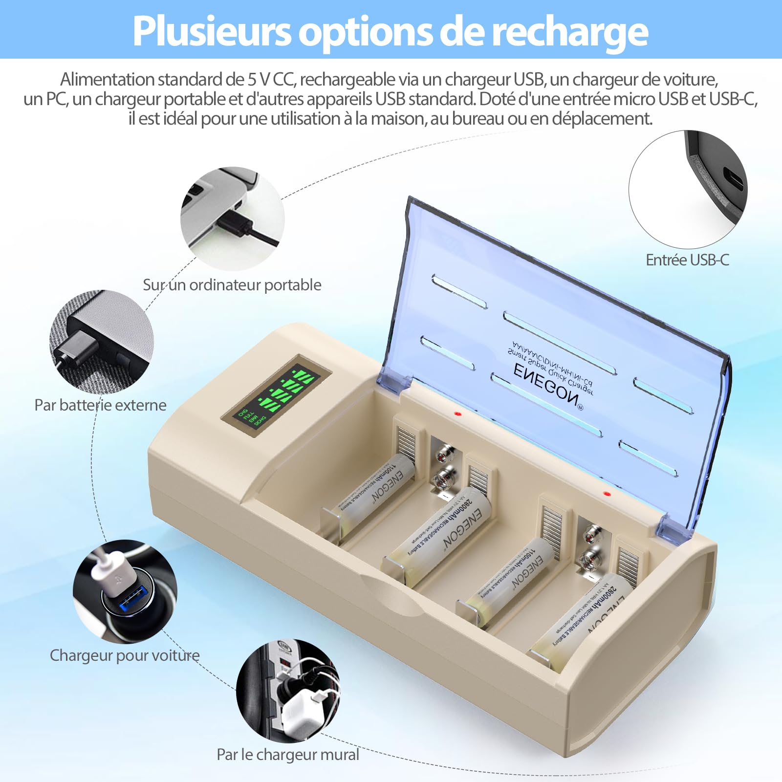 ENEGON Chargeur Universel pour Piles AA/AAA/C/D/9V NiMH/NiCD, avec écran LCD, Fonction de décharge et 4 emplacements (sans Adaptateur)