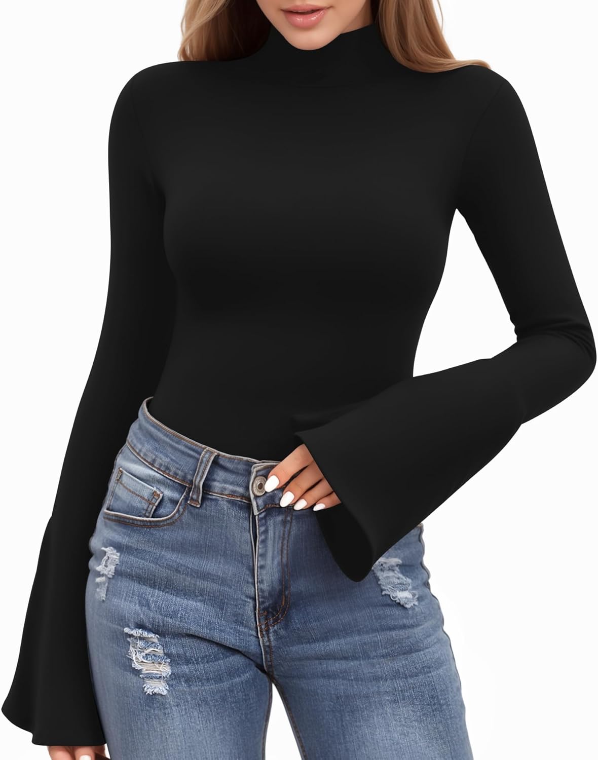 MANGOPOP Long Sleeve Mock Neck Shirts for Women Bell Sleeve Turtle Neck Tops Basic Going Out Tee Blouse - Image 2
