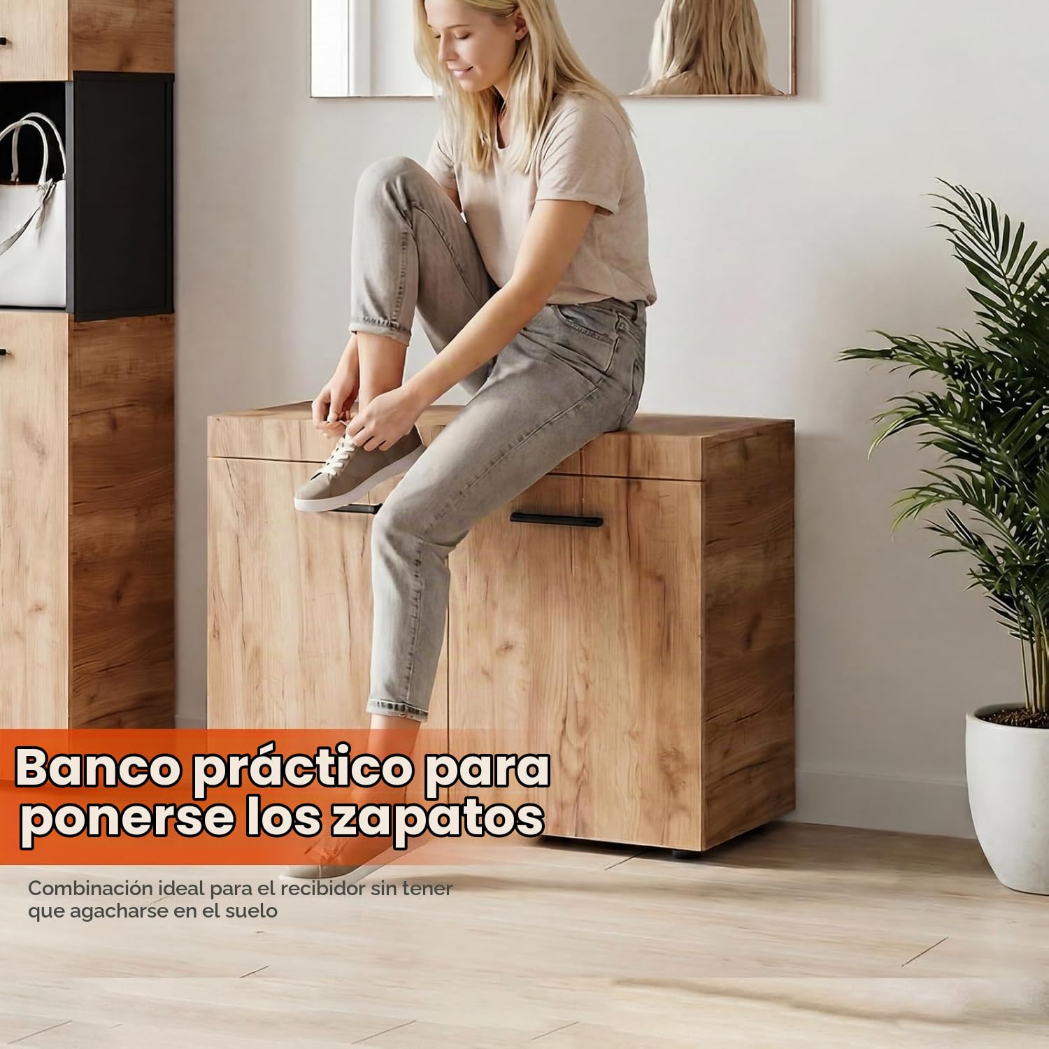 HAUSPROFI Juego de 5 percheros de pasillo con espejo, zapatero de doble puerta, zapatero largo, armario de madera para pasillo y baño