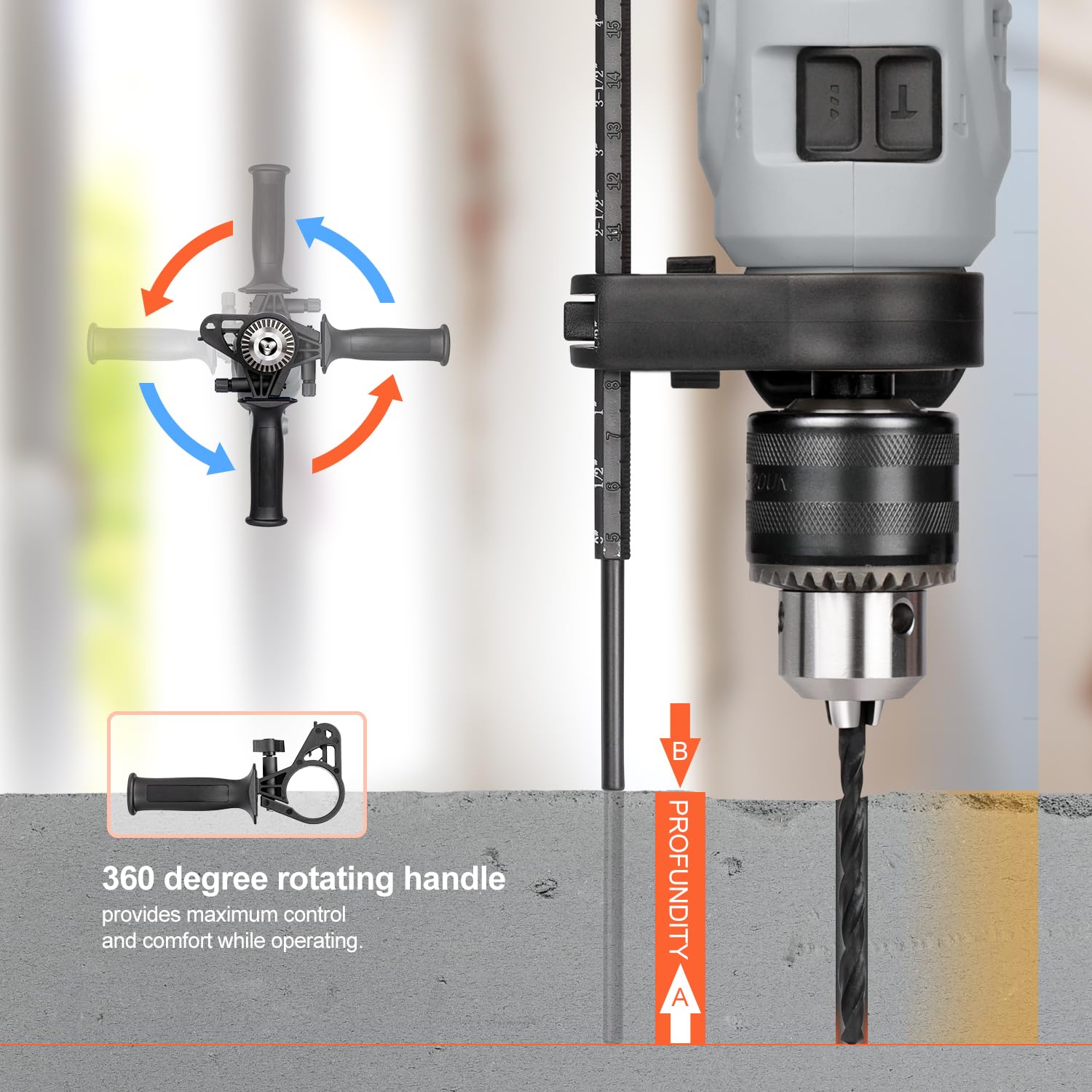 Trapano a percussione con cavo, 4,5 Amp, 0-3000 giri/min, mandrino da 1/2", set di accessori da 105 pezzi, controllo della velocità regolabile, manico girevole a 360°, profondimetro e