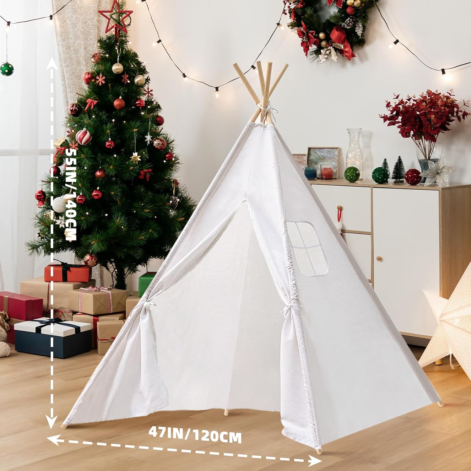 Wholelovein 6 PCS Kids Teepee Play Tent, Foldable Washable Tipi Tent Kids Boho Tent, Playhouse for Girls Boys Sleepovers Party Birthday Party (White)