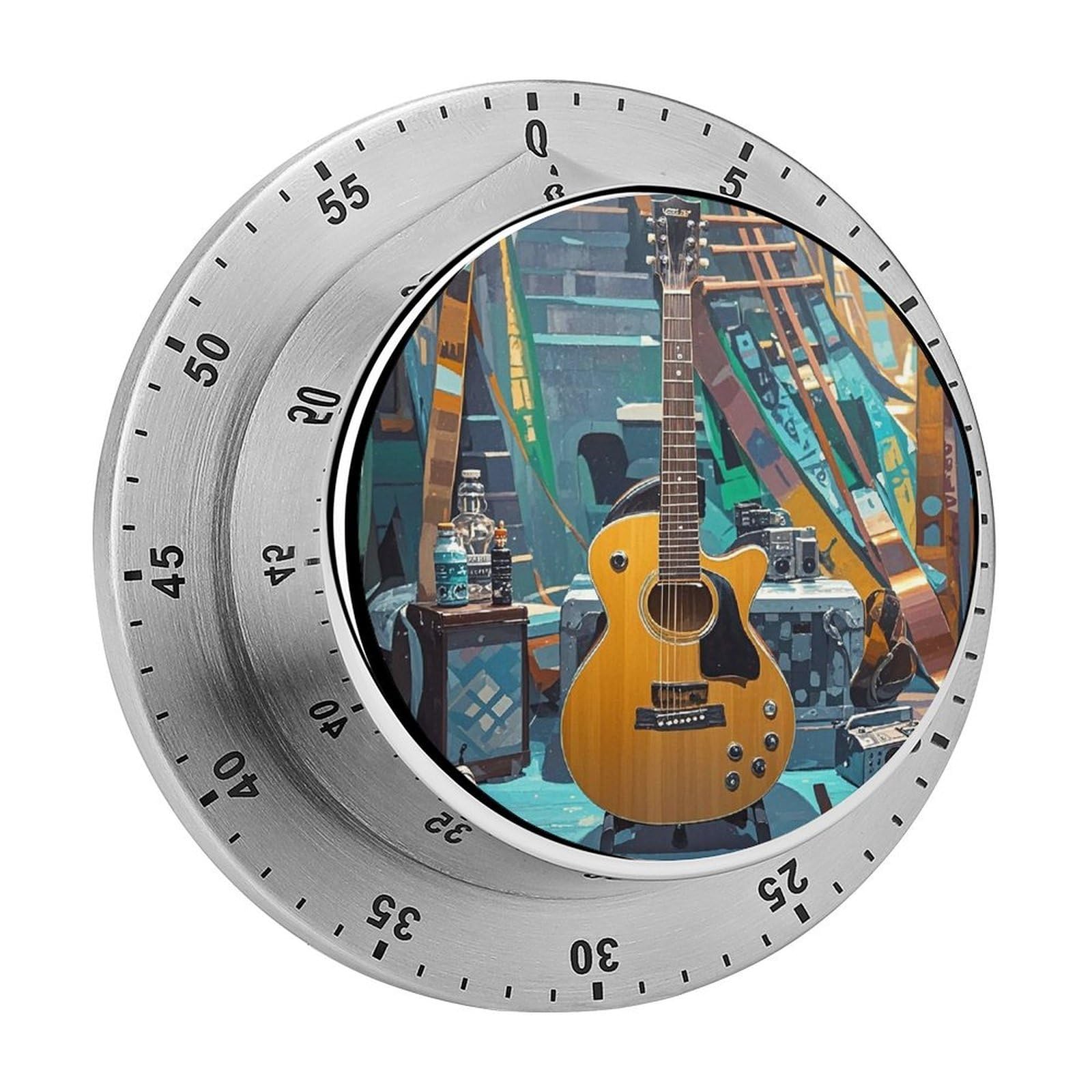 Electric Guitar Timer Fashion Visual Timers Wind Up 60 Minutes Desk Timers Stainless Steel Magnetic Timer Countdown Clock No Batteries Loud Alarm for Kitchen Chef Cooking